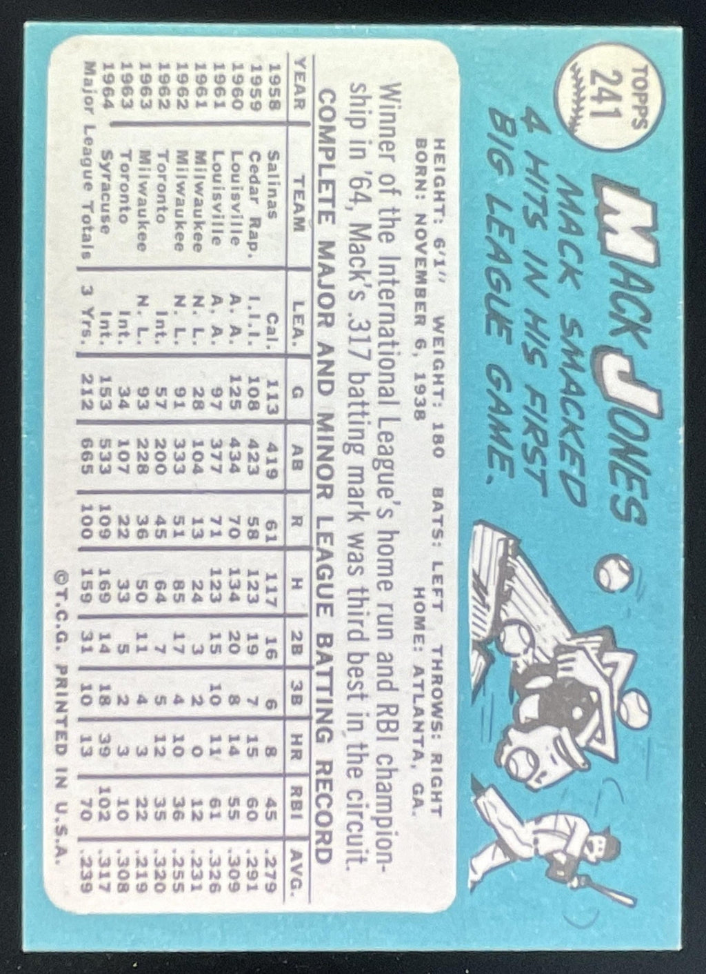 1965 Topps #241 Mack Jones product image 2, provided for visual reference and product detail review
