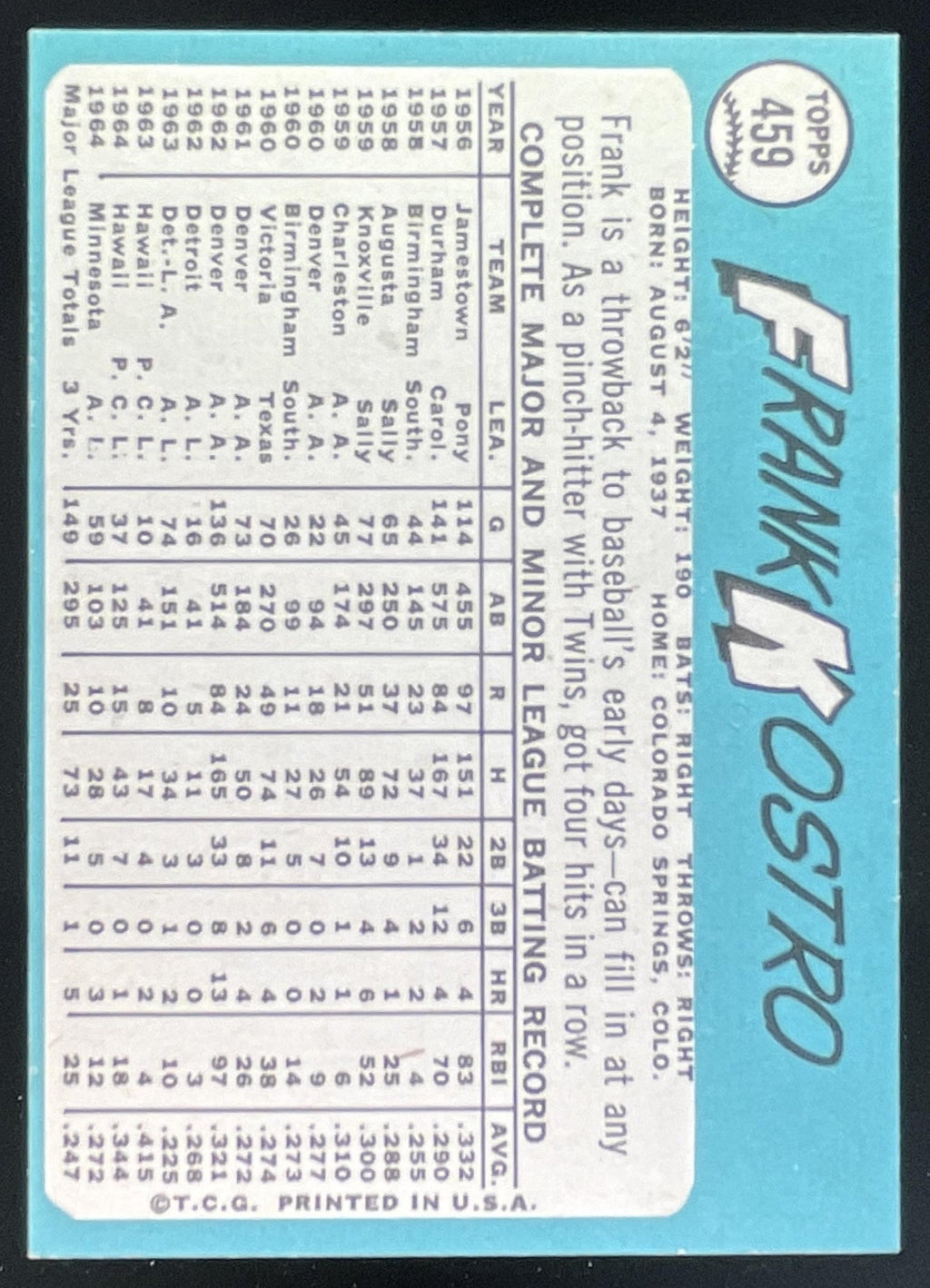 1965 Topps #459 Frank Kostro product image 2, provided for visual reference and product detail review