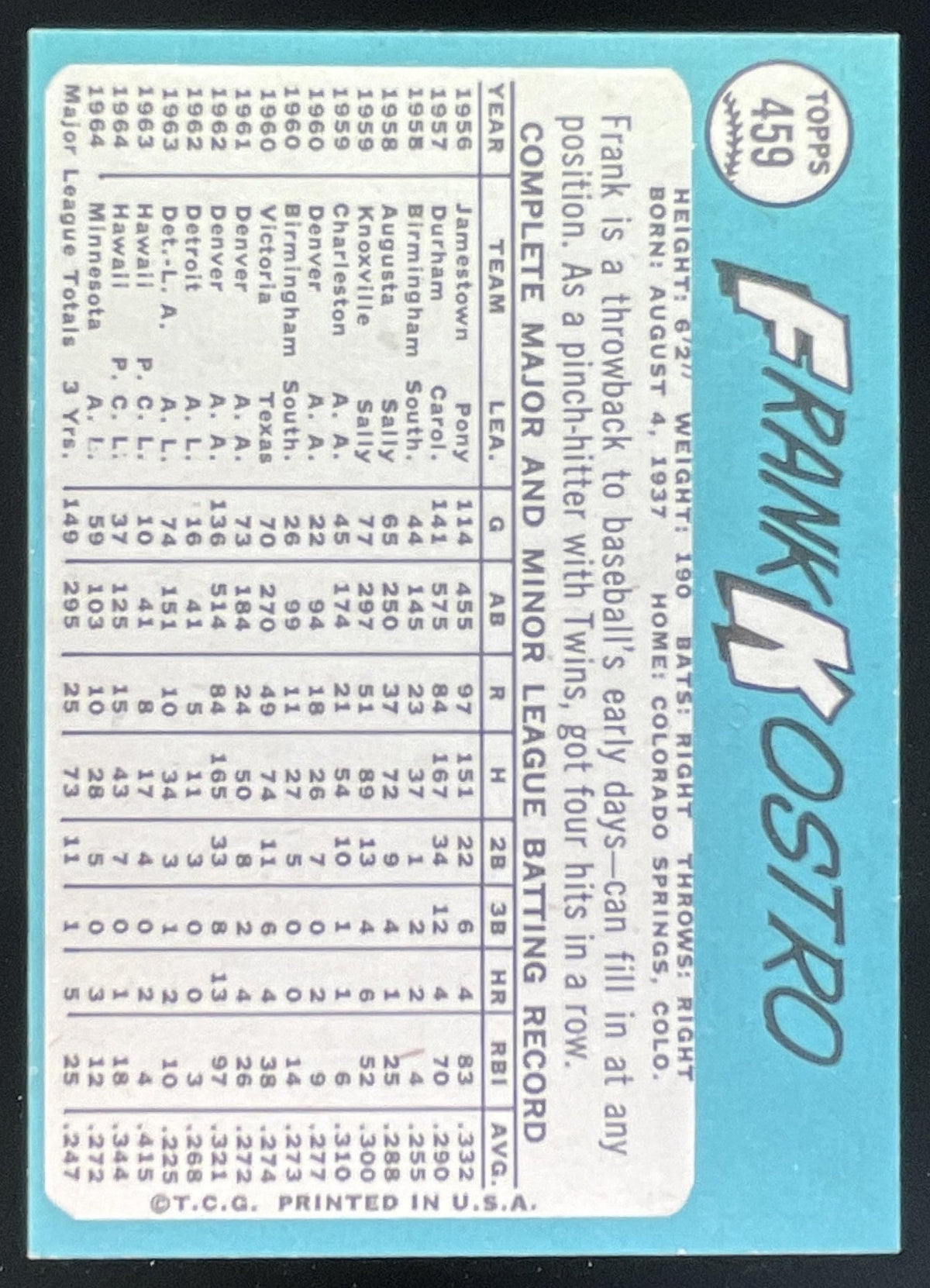 1965 Topps #459 Frank Kostro product image 2, provided for visual reference and product detail review