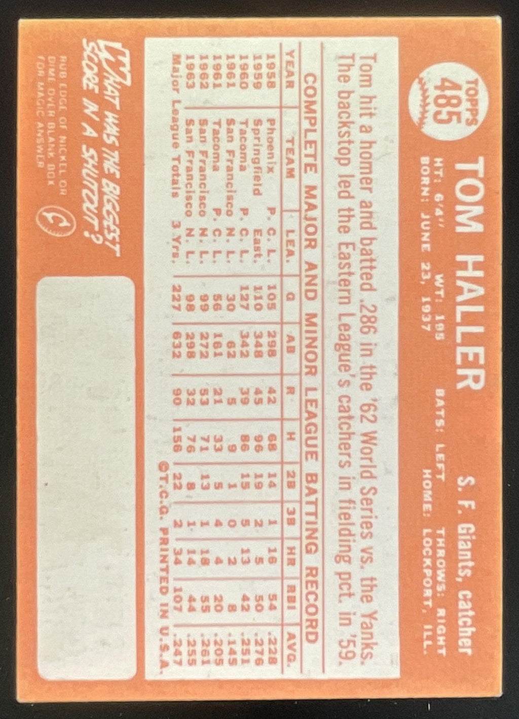 1964 Topps #485 Tom Haller product image 2, provided for visual reference and product detail review