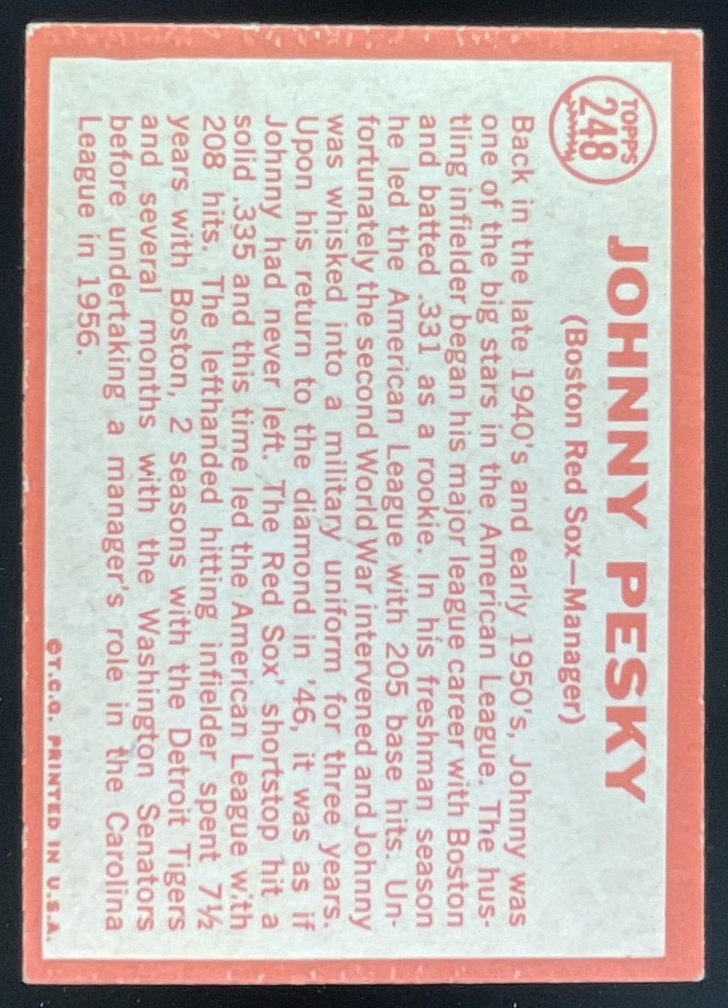 1964 Topps #248 Johnny Pesky product image 2, provided for visual reference and product detail review