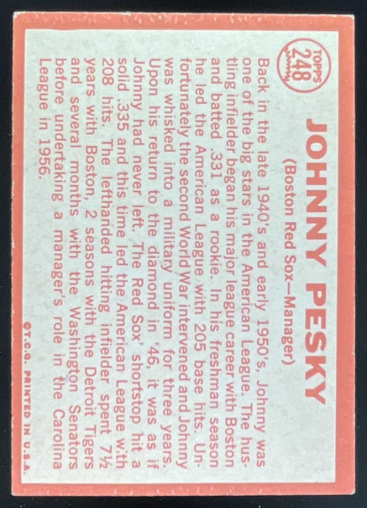 1964 Topps #248 Johnny Pesky product image 2, provided for visual reference and product detail review