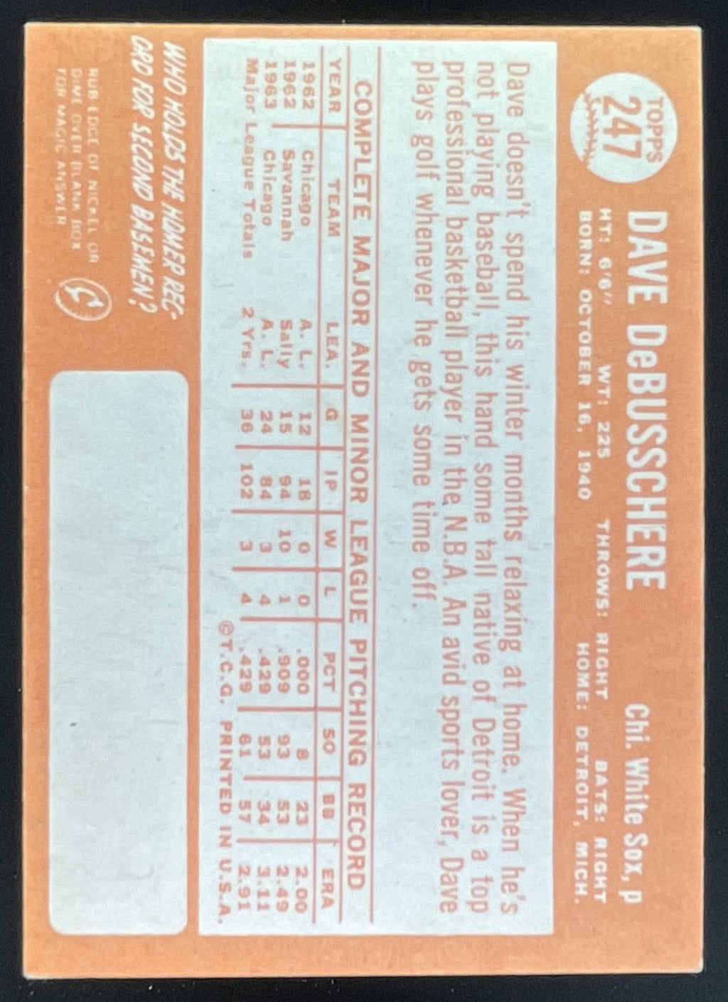 1964 Topps #247 Dave DeBusschere product image 2, provided for visual reference and product detail review
