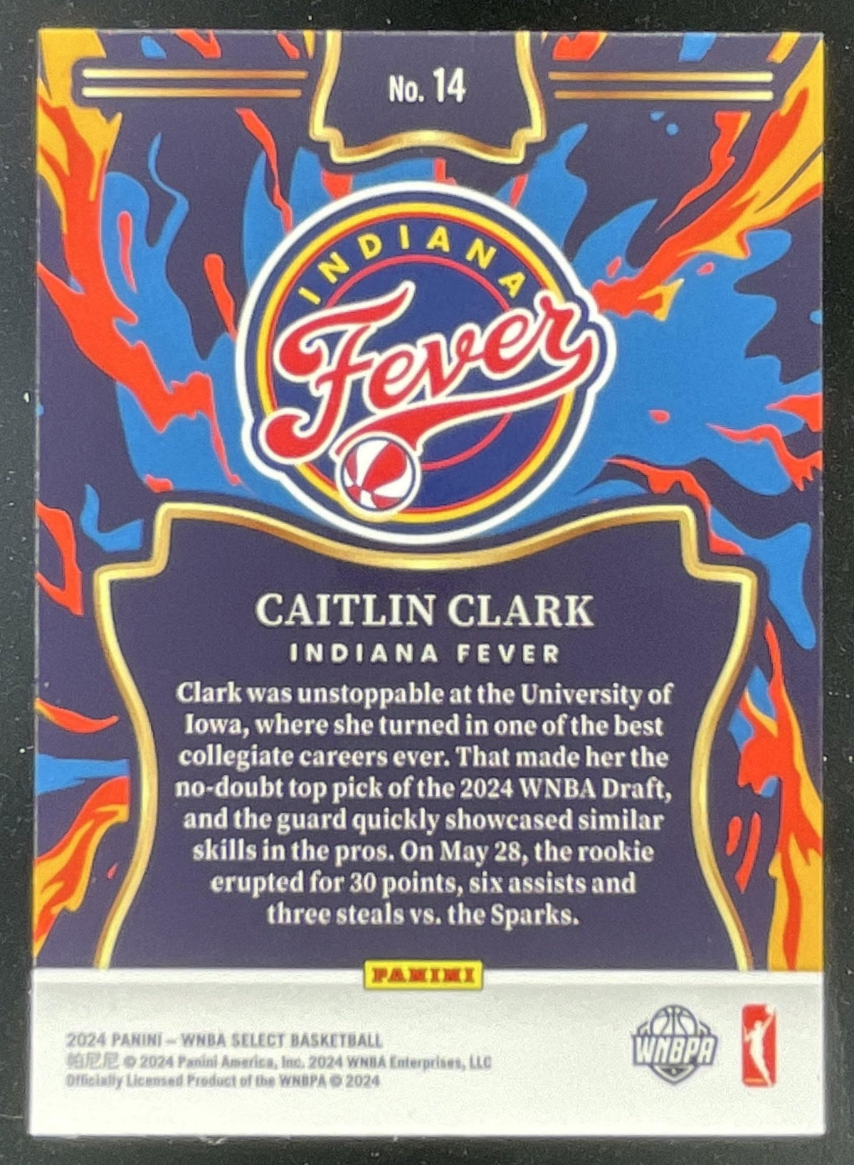 2024 Panini Select WNBA En Fuego #14 Caitlin Clark RC product image 2, provided for visual reference and product detail