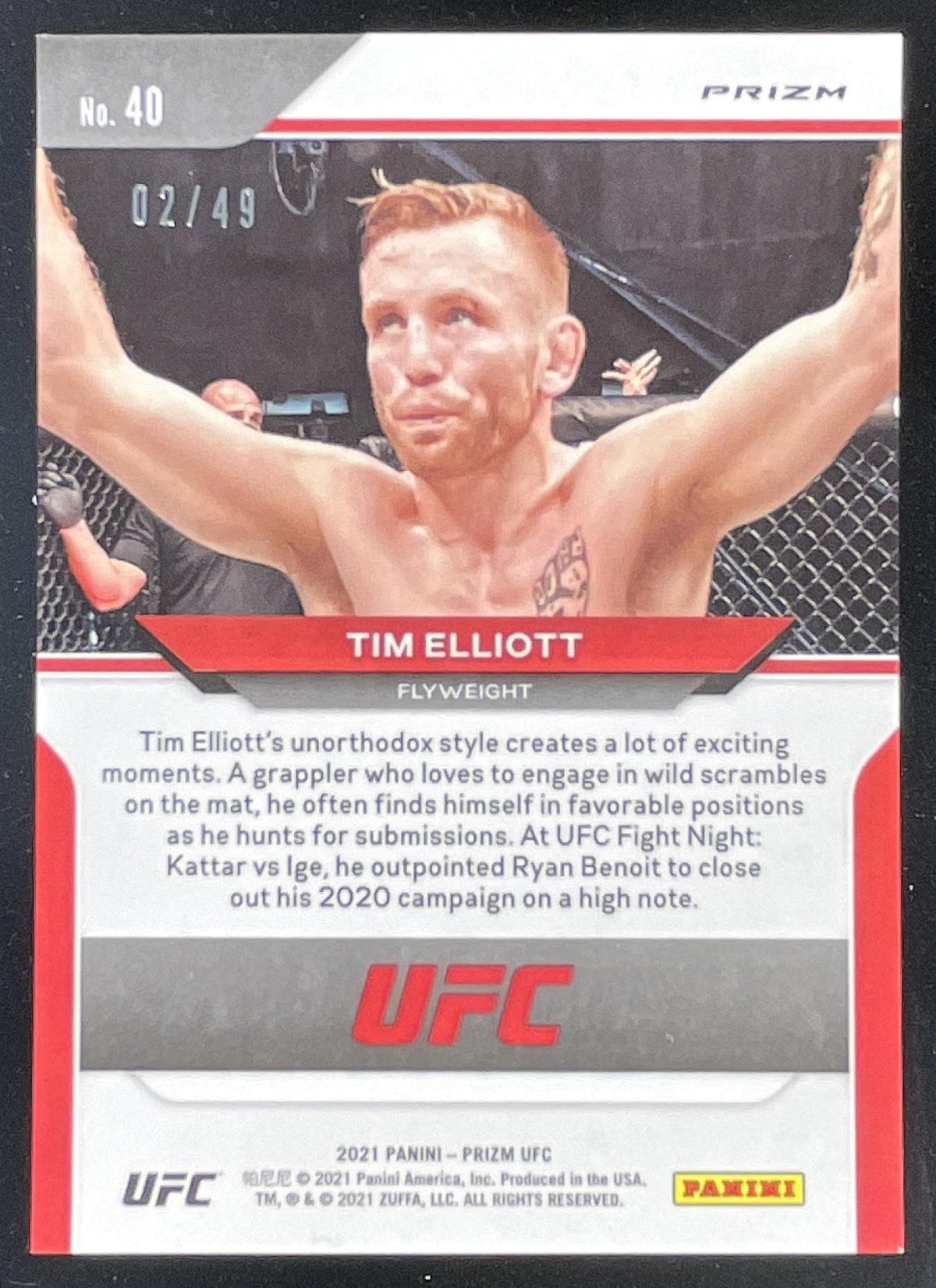 2021 Panini Prizm UFC Teal Prizms #40 Tim Elliott RC /49 product image 2, provided for visual reference and product detail