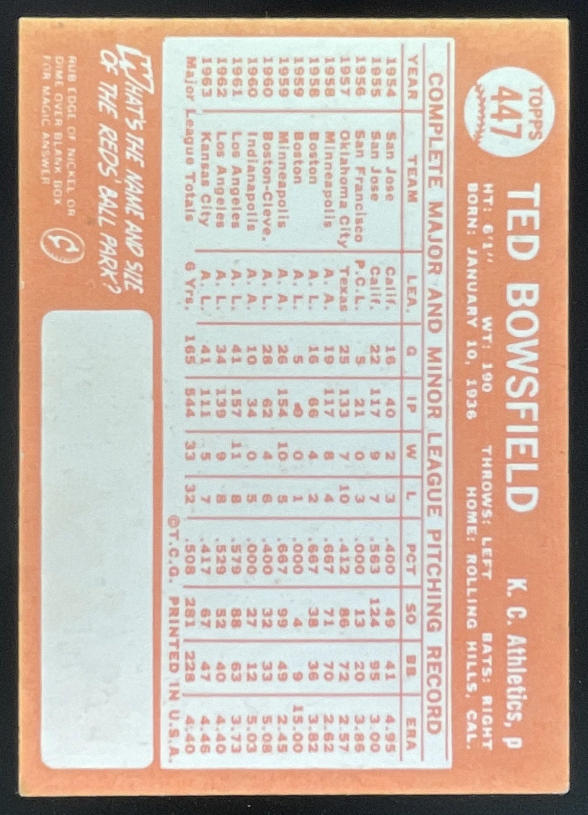 1964 Topps #447 Ted Bowsfield product image 2, provided for visual reference and product detail review