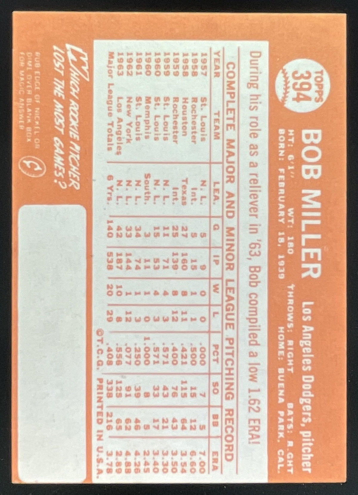 1964 Topps #394 Bob Miller product image 2, provided for visual reference and product detail review