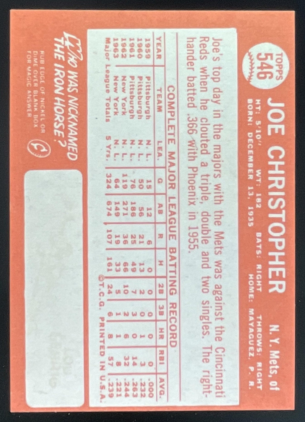 1964 Topps #546 Joe Christopher product image 2, provided for visual reference and product detail review