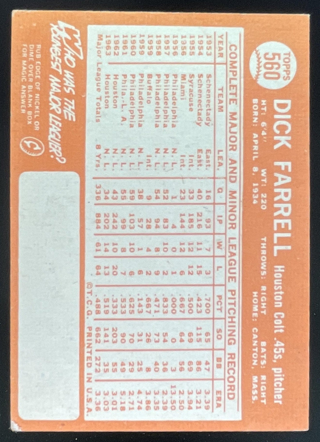 1964 Topps #560 Dick Farrell product image 2, provided for visual reference and product detail review