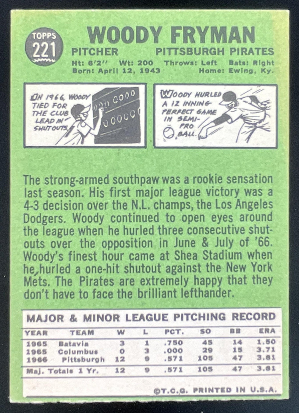 1967 Topps #221 Woody Fryman product image 2, provided for visual reference and product detail review