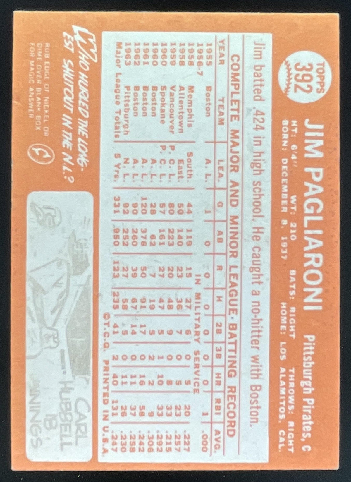 1964 Topps #392 Jim Pagliaroni product image 2, provided for visual reference and product detail review