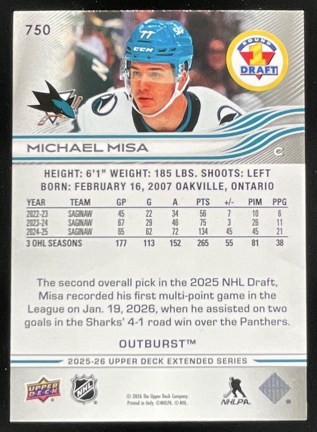 2025 UD Extended Series Outburst 1st Round Rookies #750 Michael Misa RC product image 2, provided for visual reference and