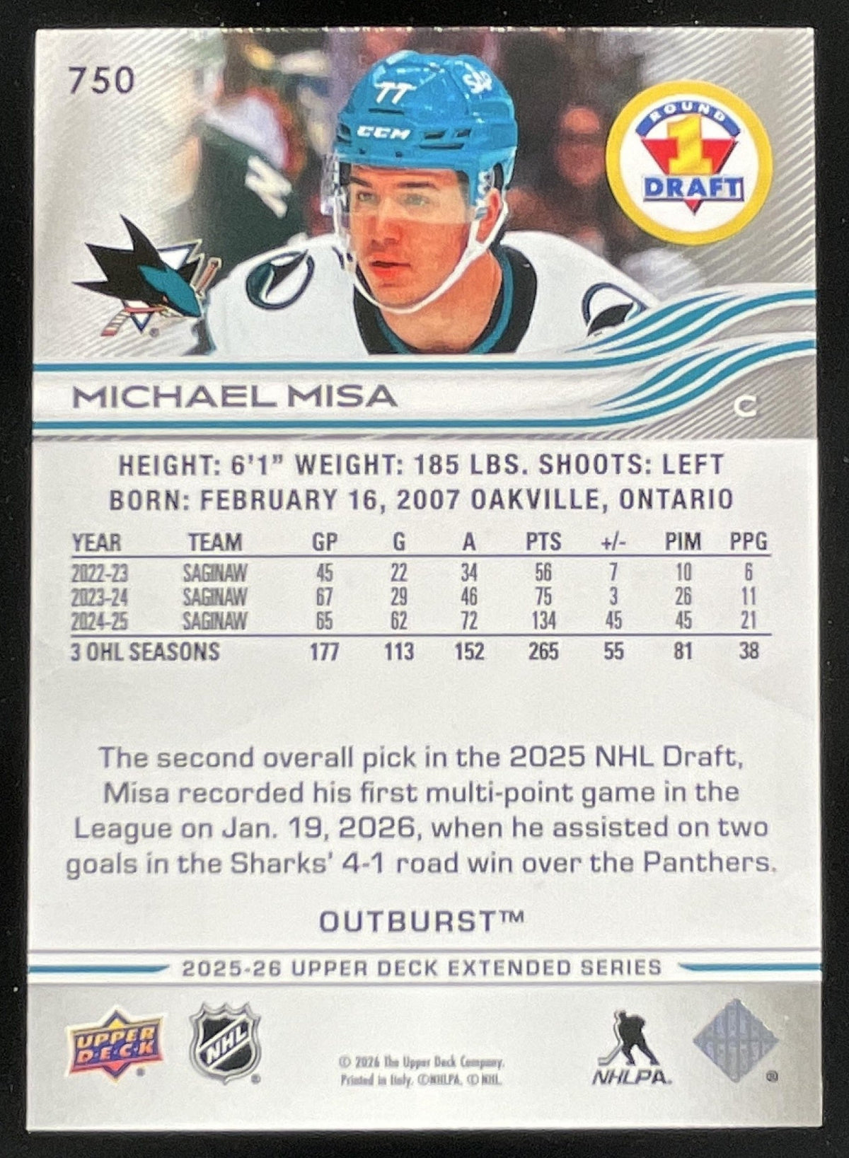 2025 UD Extended Series Outburst 1st Round Rookies #750 Michael Misa RC product image 2, provided for visual reference and