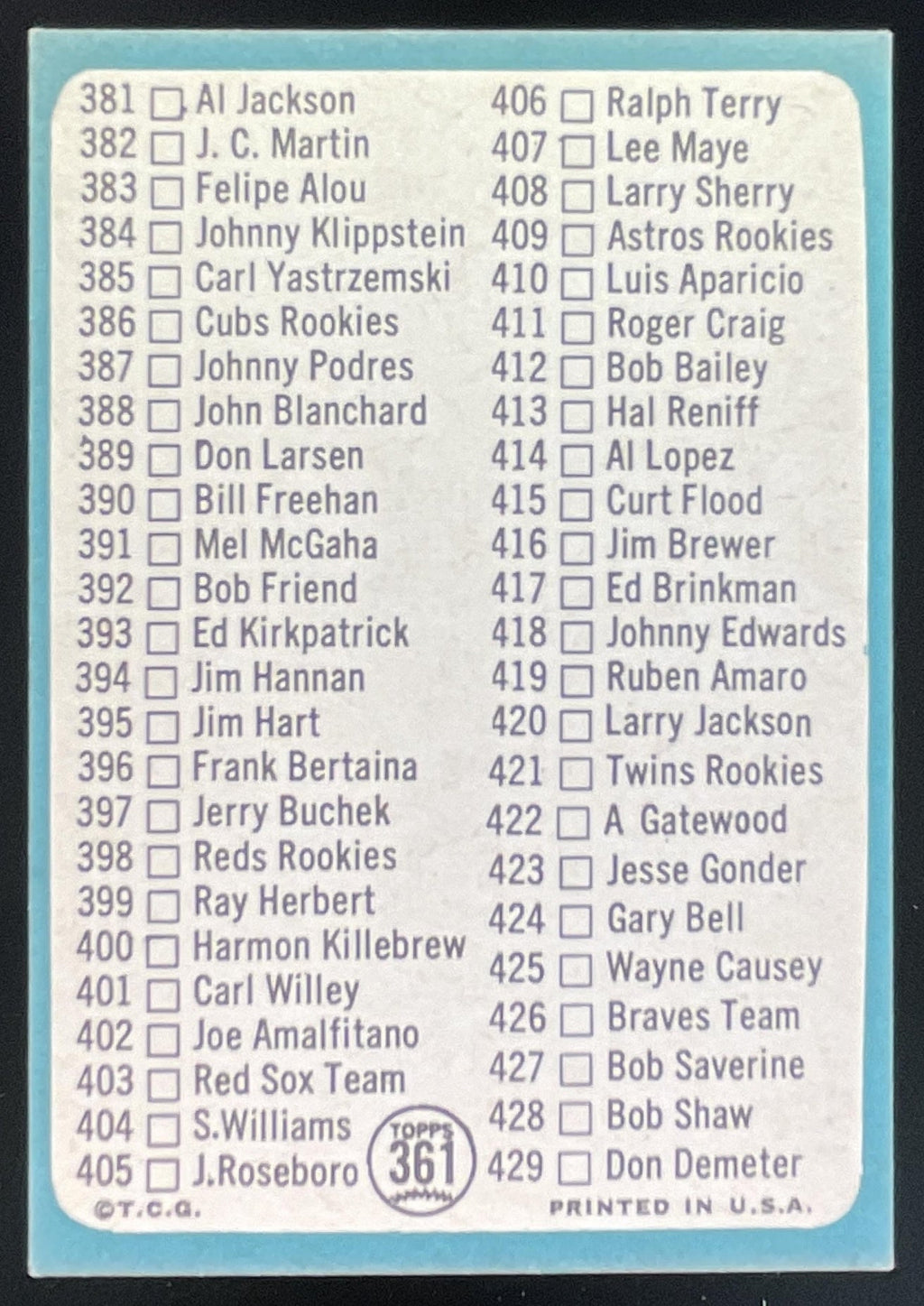 1965 Topps #361 5th Series Checklist: 353-429 product image 2, provided for visual reference and product detail review