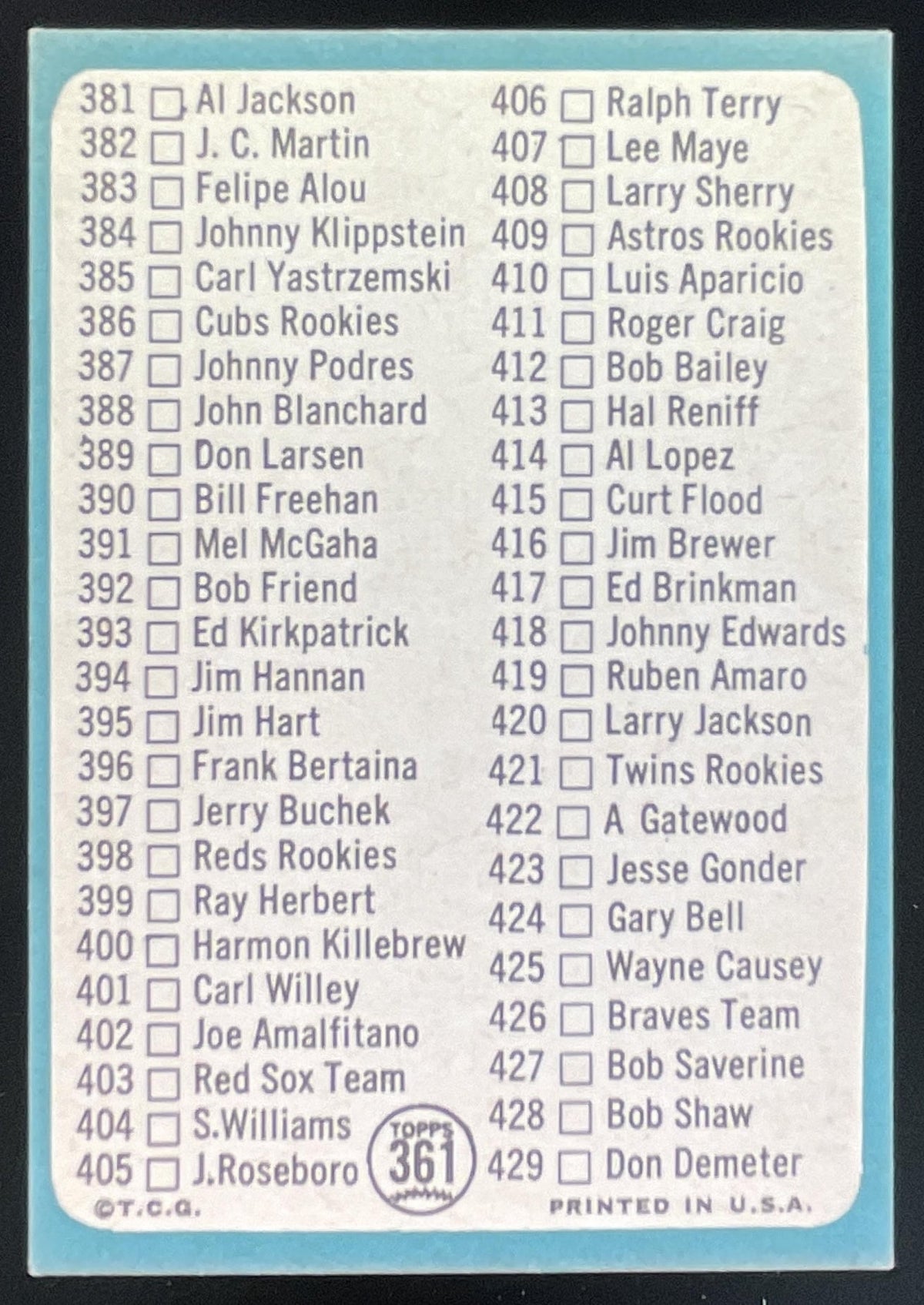 1965 Topps #361 5th Series Checklist: 353-429 product image 2, provided for visual reference and product detail review