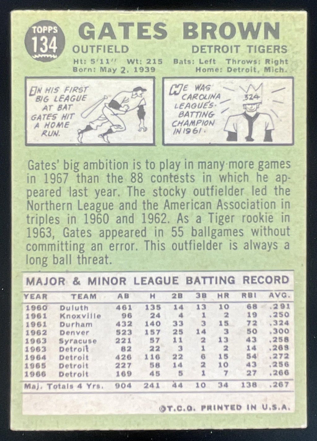 1967 Topps #134 Gates Brown product image 2, provided for visual reference and product detail review
