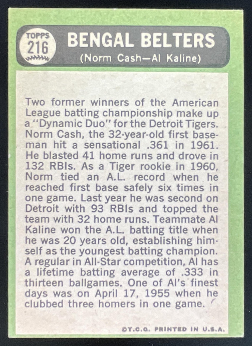 1967 Topps #216 Bengal Belters Norm Cash Al Kaline C product image 2, provided for visual reference and product detail review