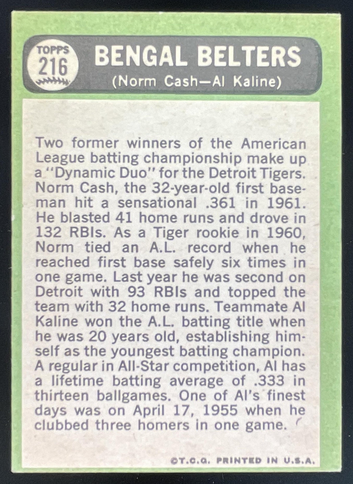 1967 Topps #216 Bengal Belters Norm Cash Al Kaline C product image 2, provided for visual reference and product detail review