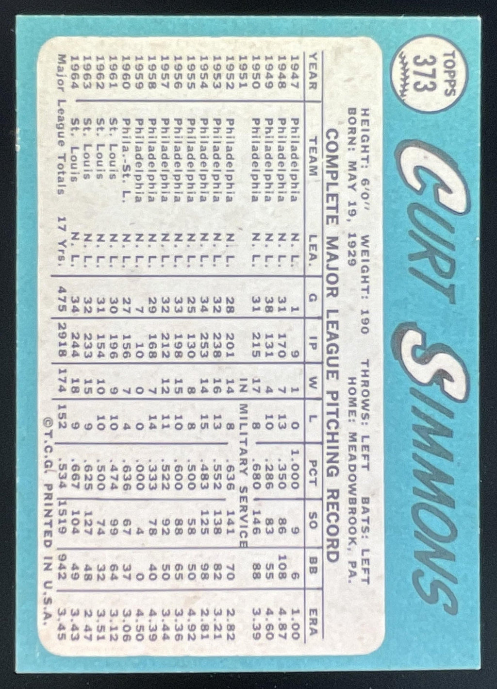 1965 Topps #373 Curt Simmons product image 2, provided for visual reference and product detail review