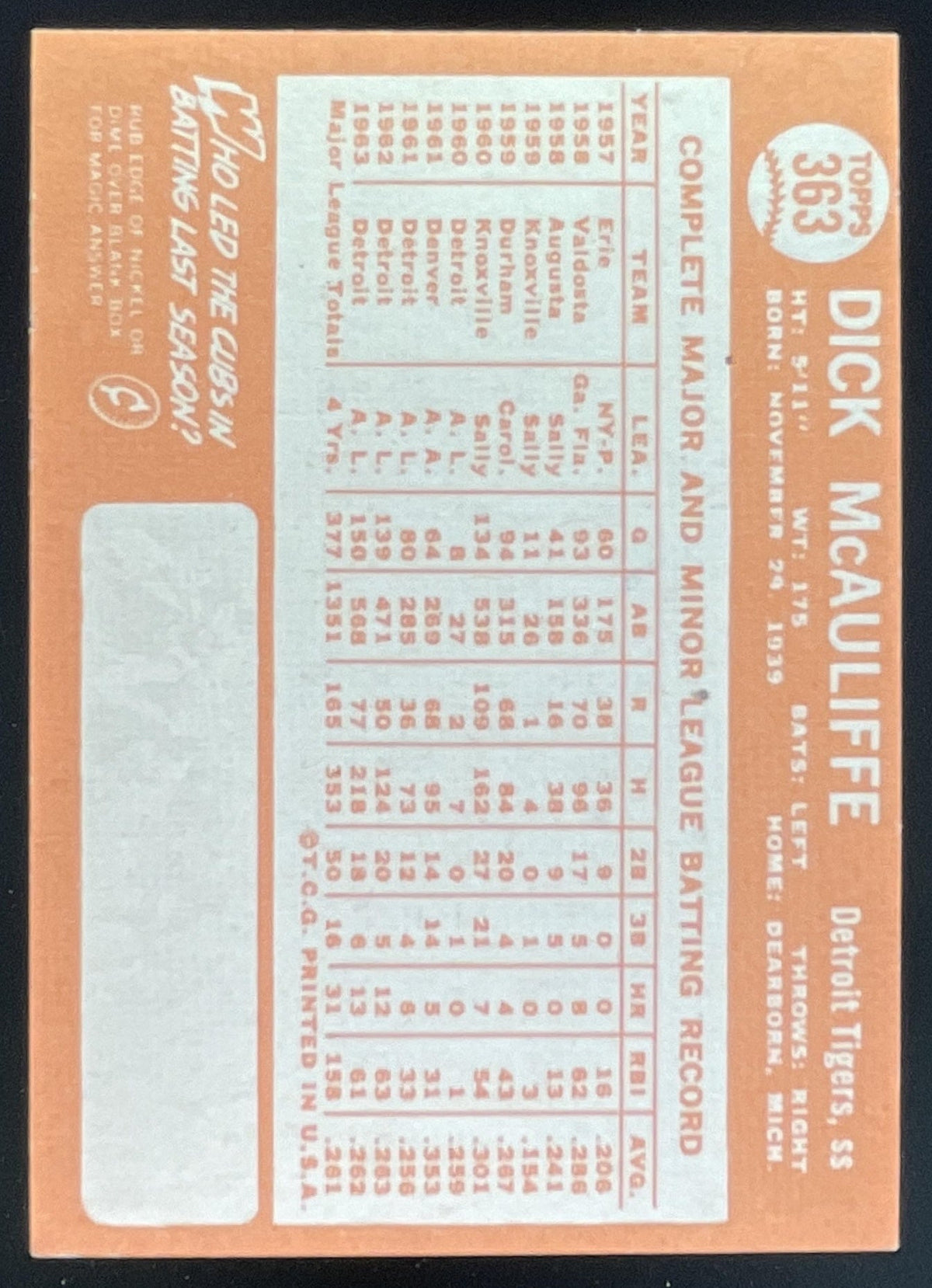 1964 Topps #363 Dick McAuliffe UER product image 2, provided for visual reference and product detail review