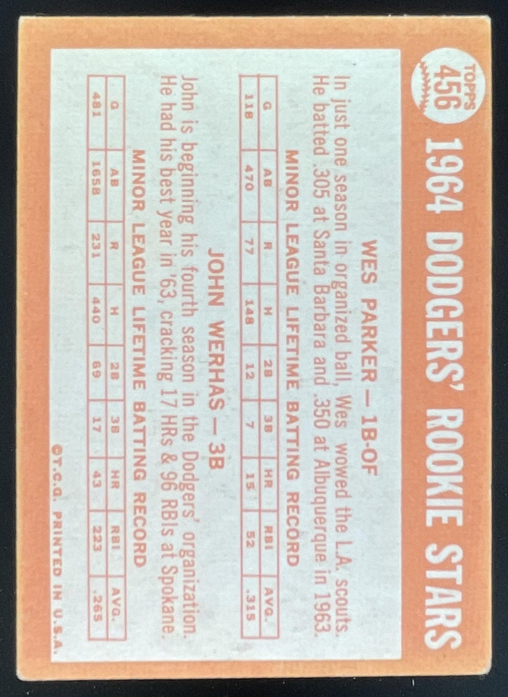 1964 Topps #456 Dodgers 1964 Rookie Stars Wes Parker John Werhas RC product image 2, provided for visual reference and