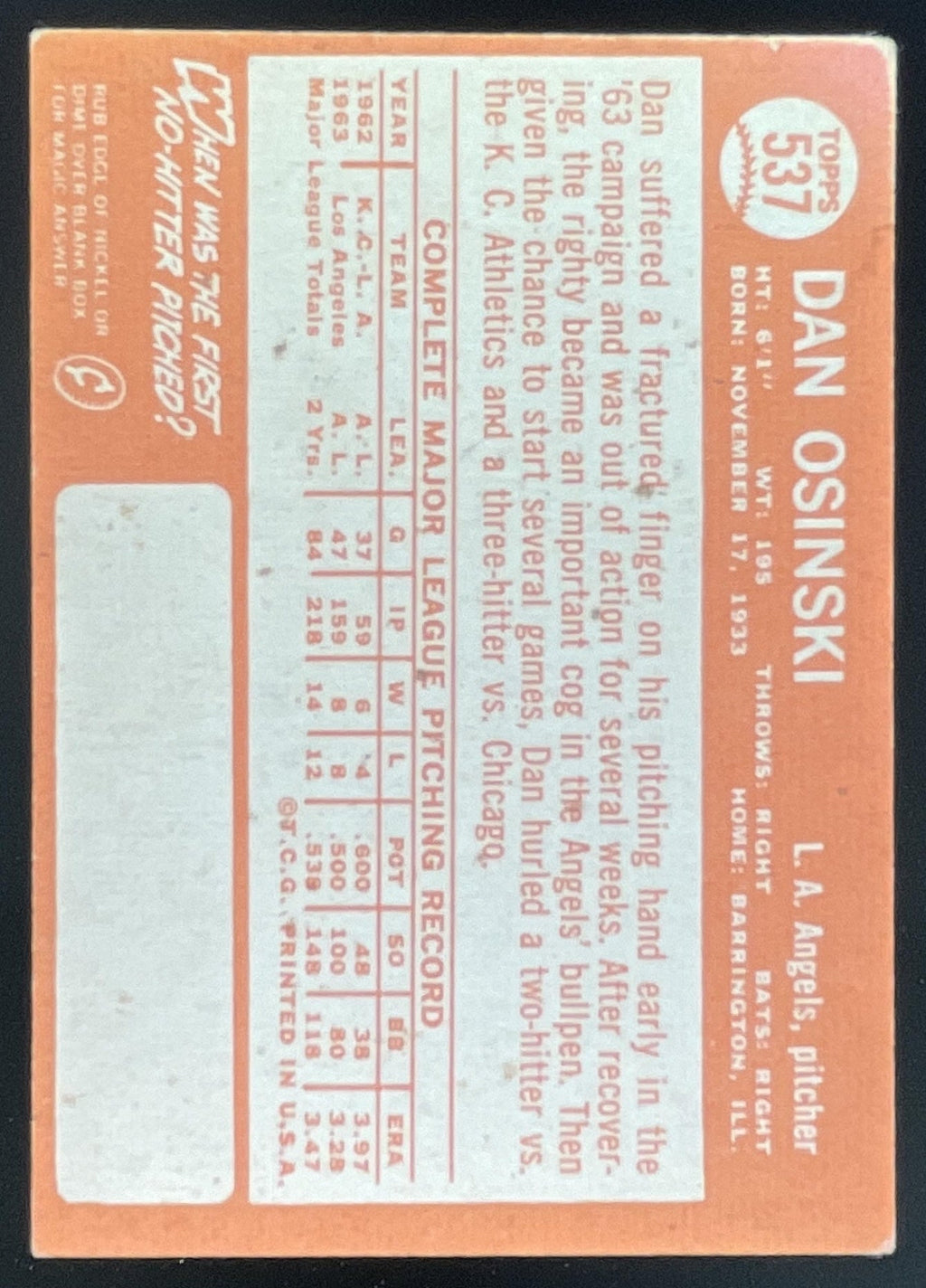 1964 Topps #537 Dan Osinski product image 2, provided for visual reference and product detail review