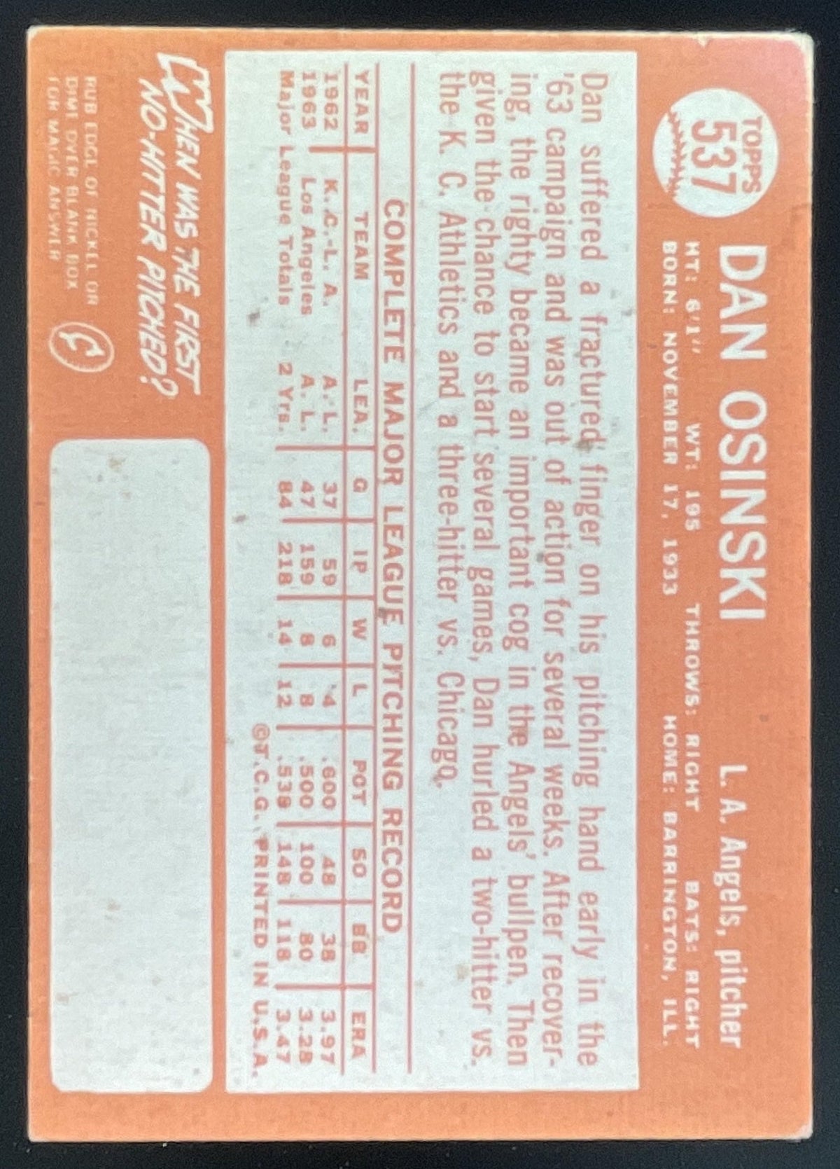 1964 Topps #537 Dan Osinski product image 2, provided for visual reference and product detail review