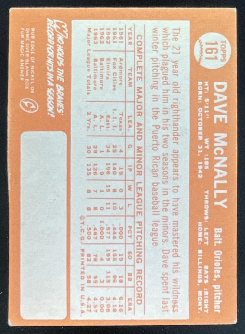 1964 Topps #161 Dave McNally UER product image 2, provided for visual reference and product detail review