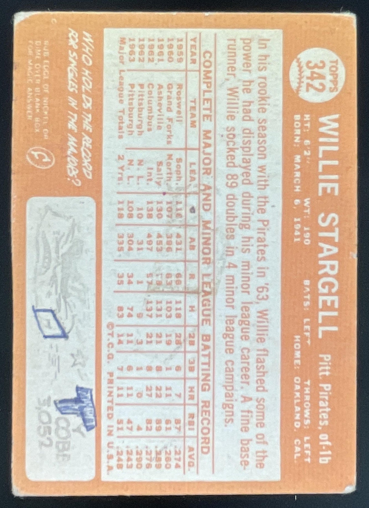 1964 Topps #342 Willie Stargell product image 2, provided for visual reference and product detail review