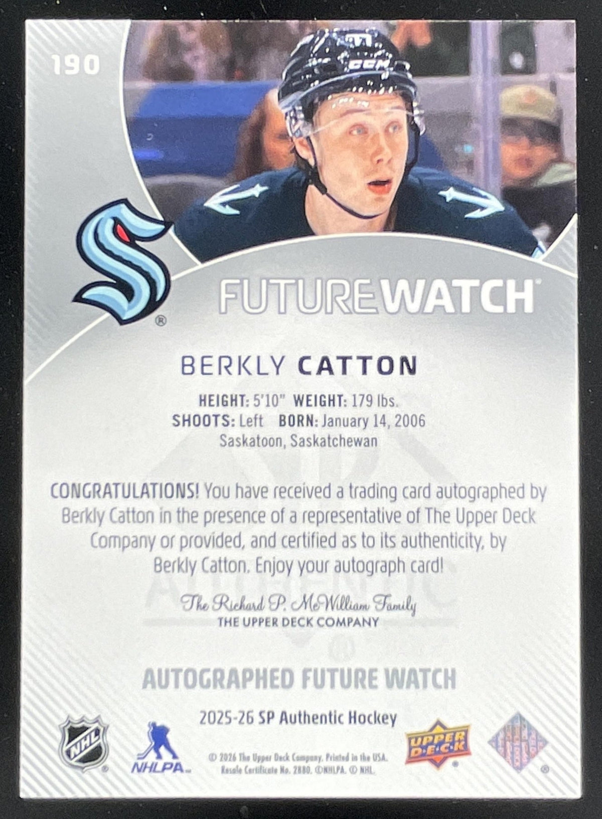 2025 UD SP Authentic Future Watch Horizontal #190 Berkly Catton RC Auto /599 product image 2, provided for visual reference
