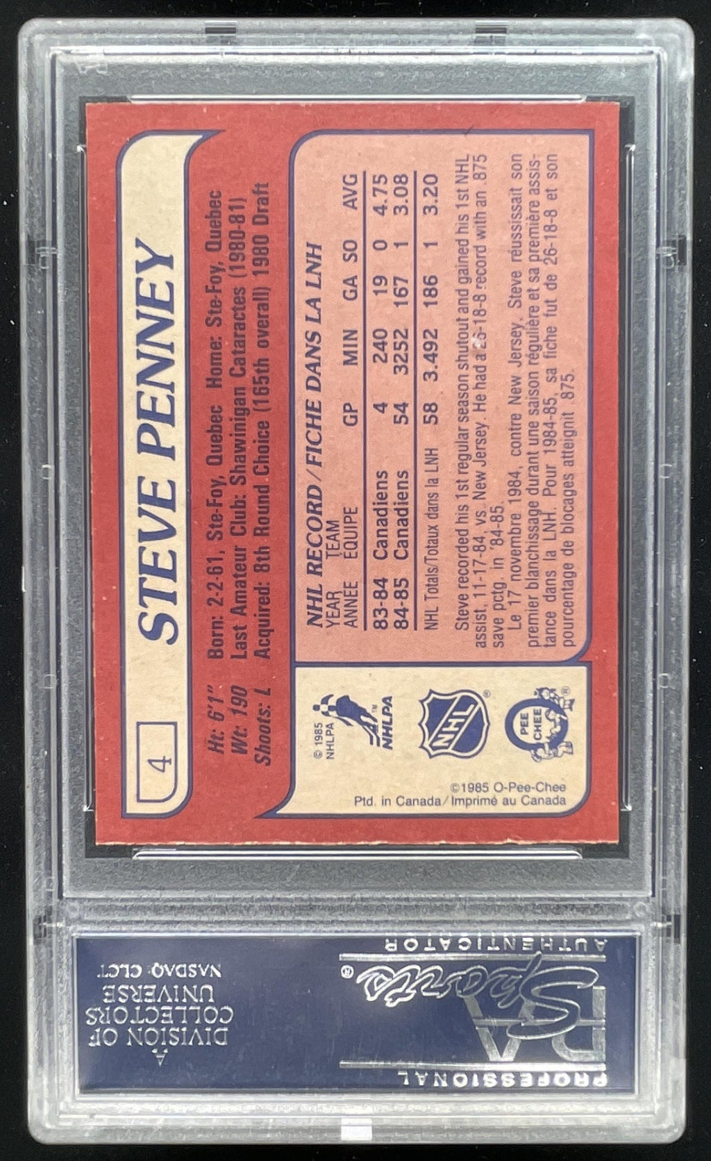 1985-86 O-Pee-Chee #4 Steve Penney Base w/ On Card PSA/DNA Certified Authentic product image 2, provided for visual