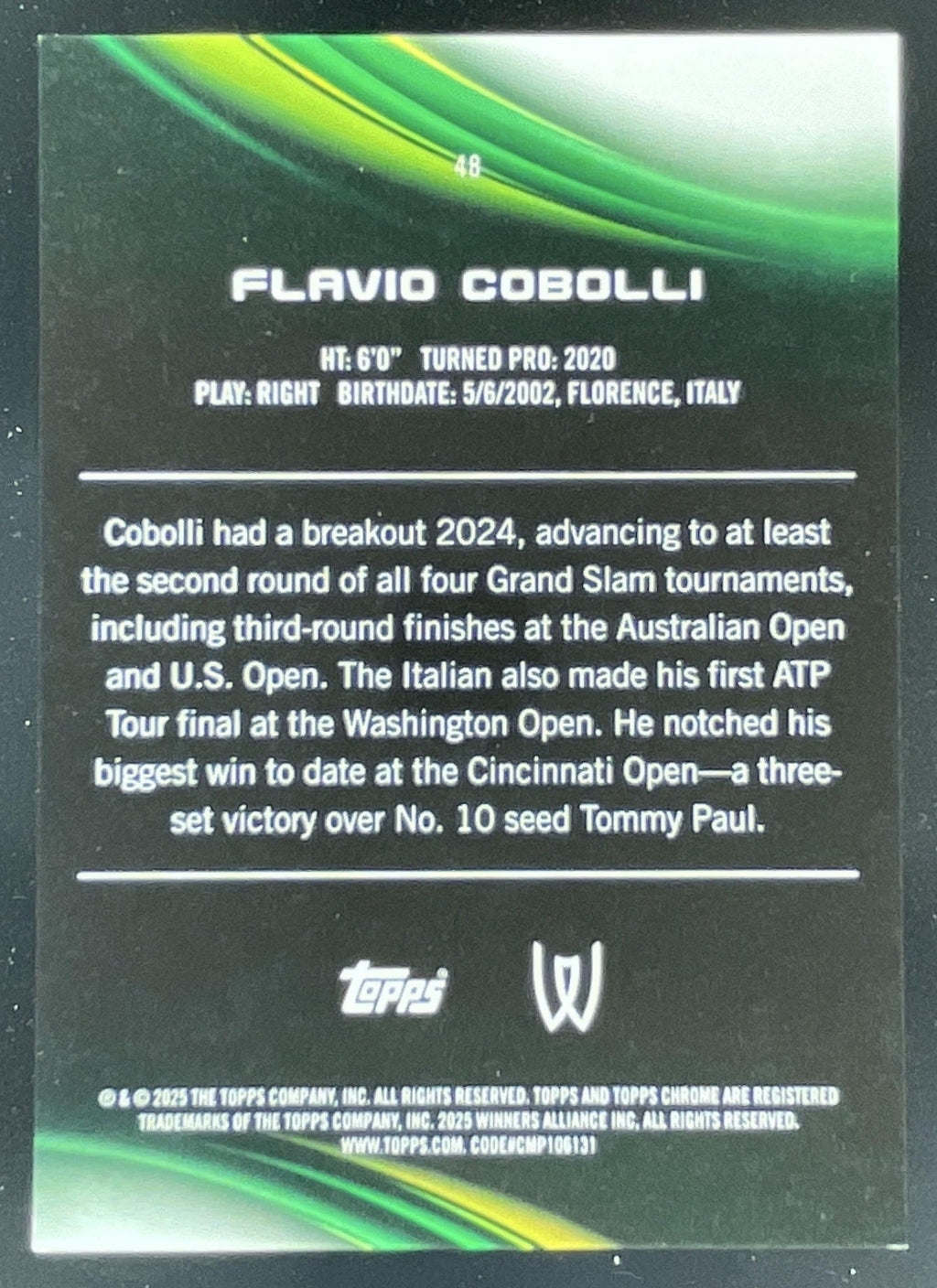 2025 Topps Chrome Orange Geometric Refractor #48 Flavio Cobolli RC /25 product image 2, provided for visual reference and