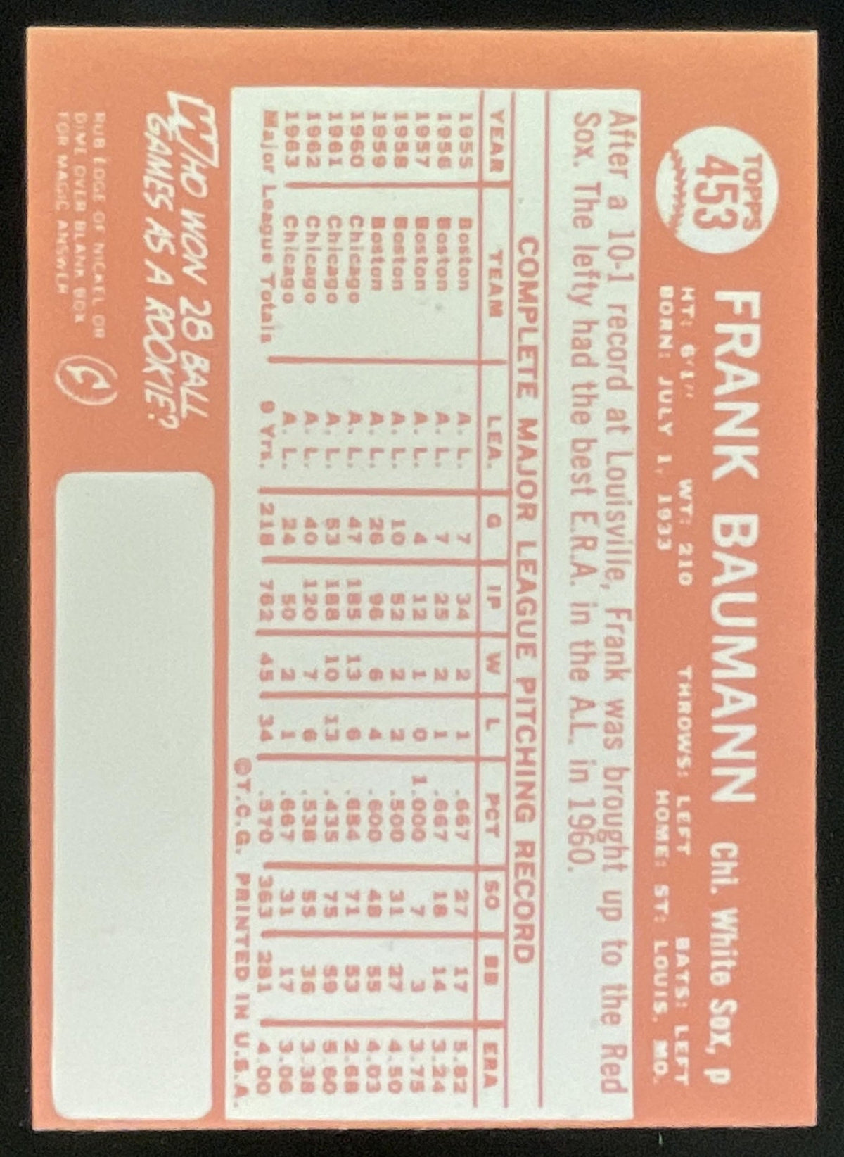 1964 Topps #453 Frank Baumann product image 2, provided for visual reference and product detail review