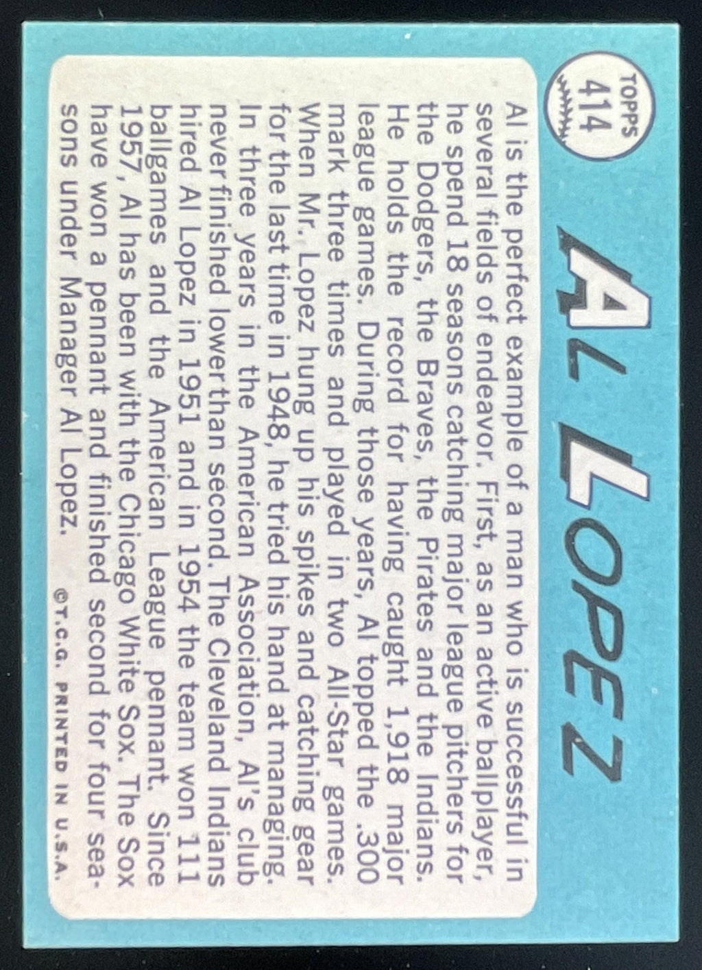 1965 Topps #414 Al Lopez product image 2, provided for visual reference and product detail review
