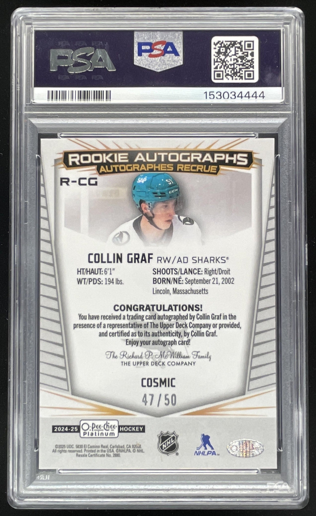 2024 O-Pee-Chee Platinum Rookie Auto Cosmic #R-CG Collin Graf RC Auto /50 PSA 10 product image 2, provided for visual