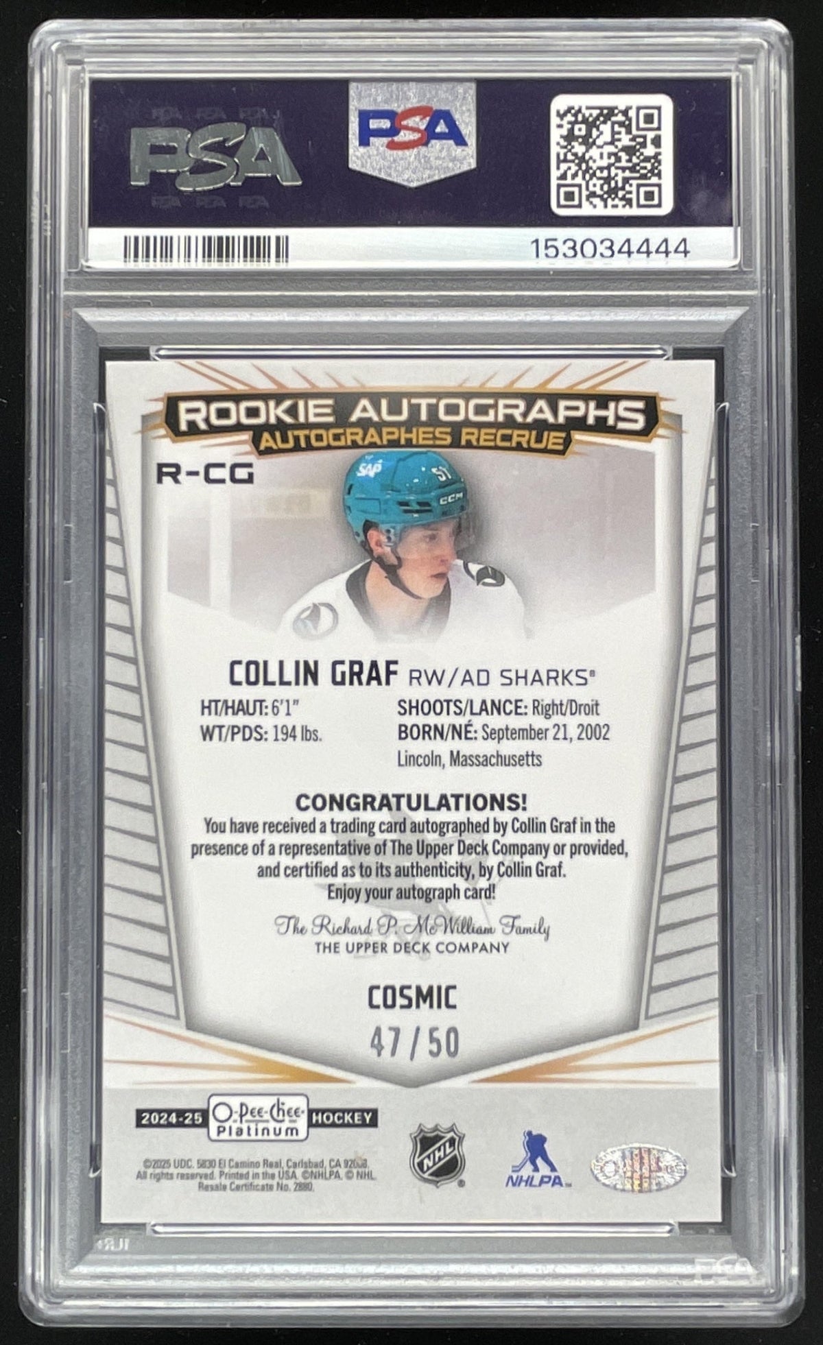 2024 O-Pee-Chee Platinum Rookie Auto Cosmic #R-CG Collin Graf RC Auto /50 PSA 10 product image 2, provided for visual