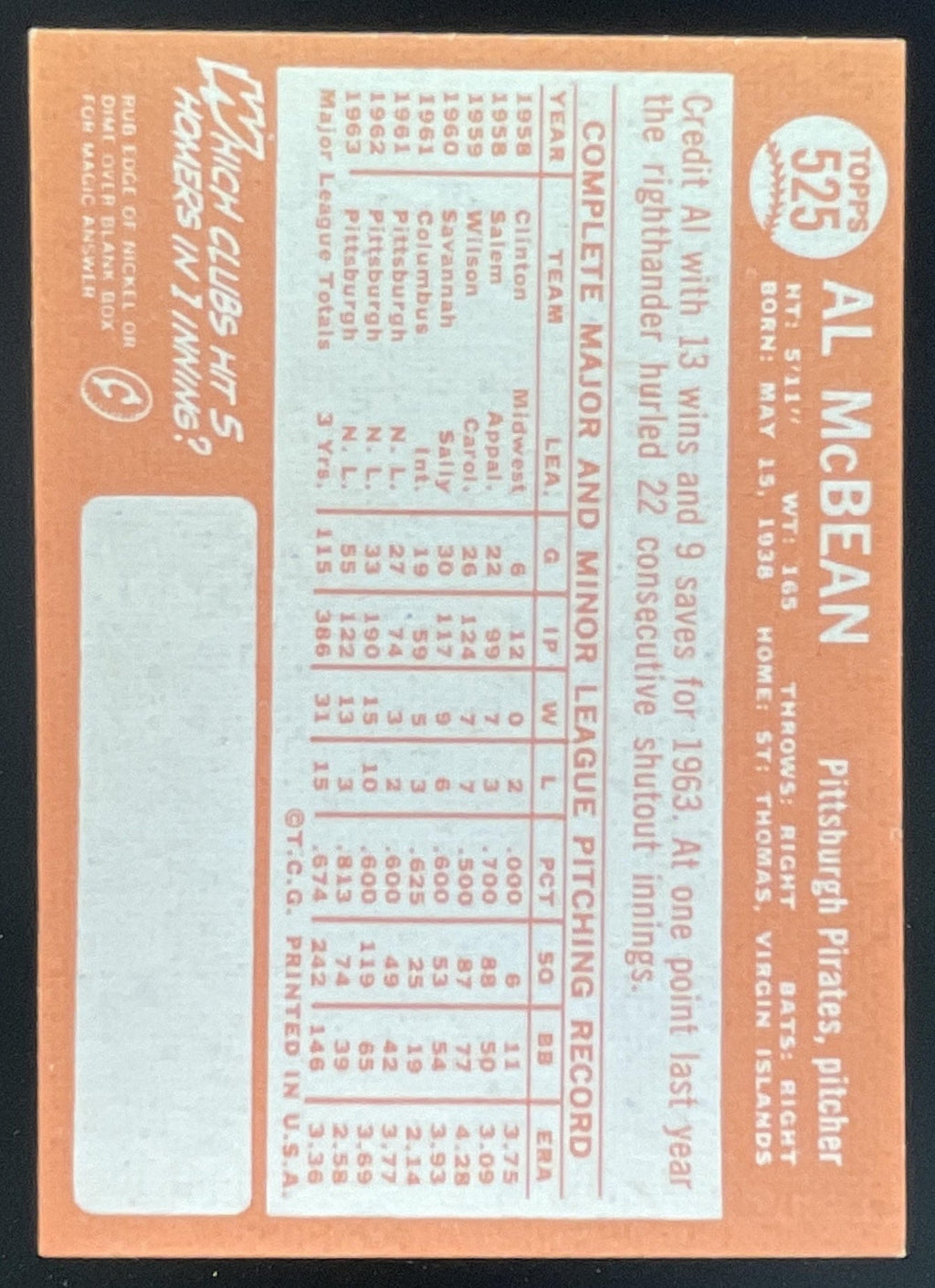 1964 Topps #525 Al McBean product image 2, provided for visual reference and product detail review