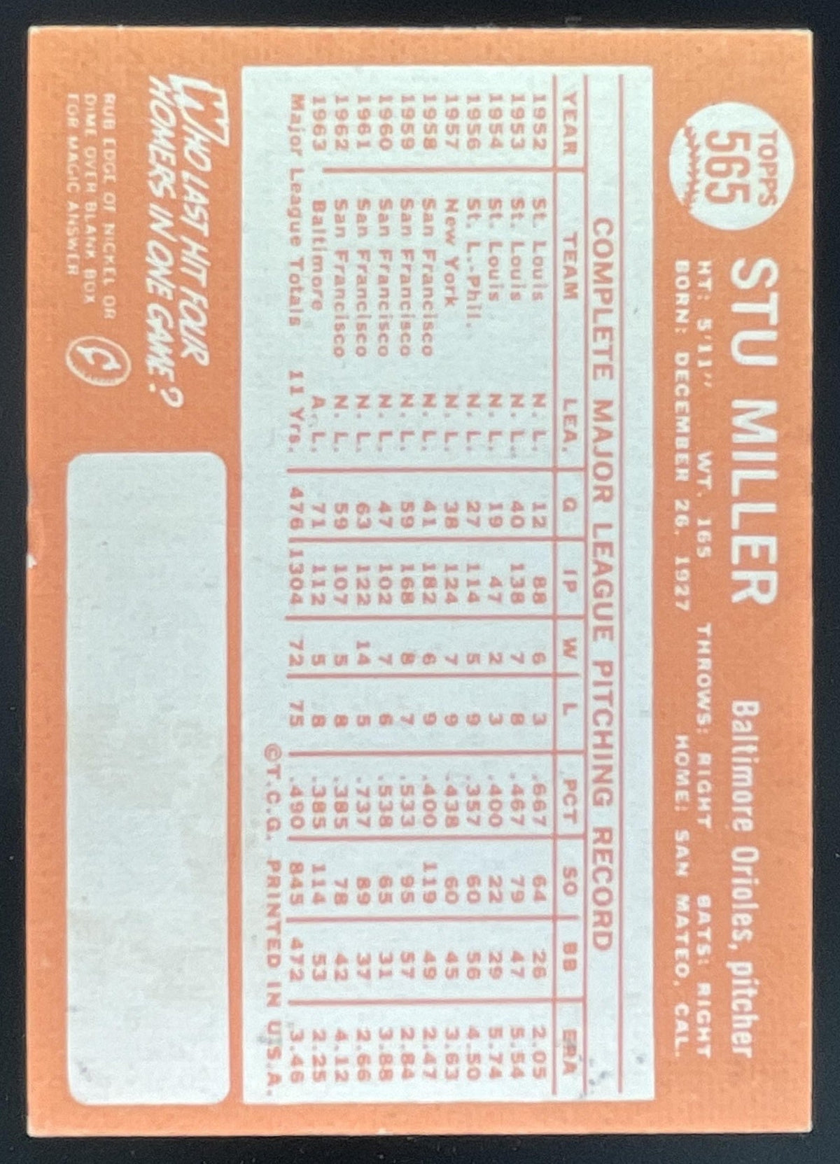 1964 Topps #565 Stu Miller product image 2, provided for visual reference and product detail review