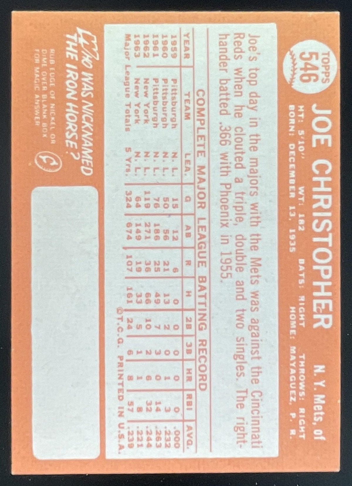 1964 Topps #546 Joe Christopher product image 2, provided for visual reference and product detail review