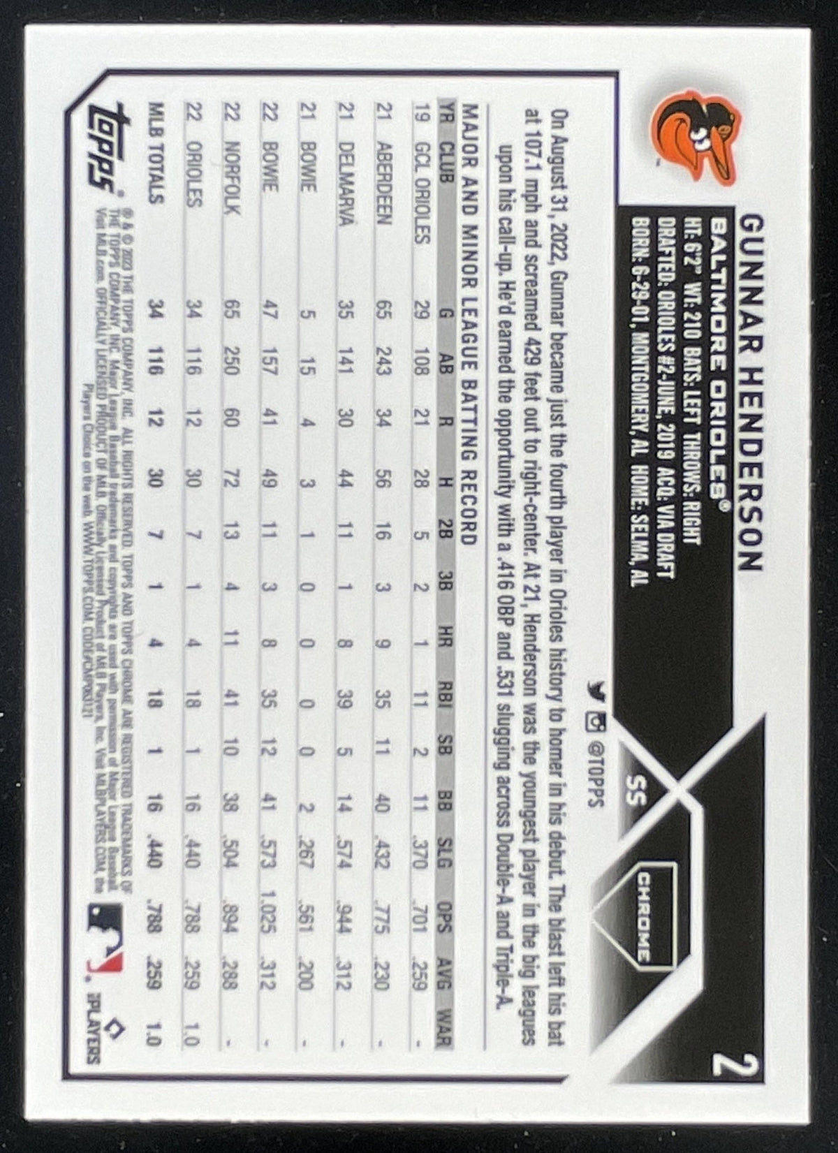 2023 Topps Chrome Pink Refractor #2 Gunnar Henderson RC product image 2, provided for visual reference and product detail