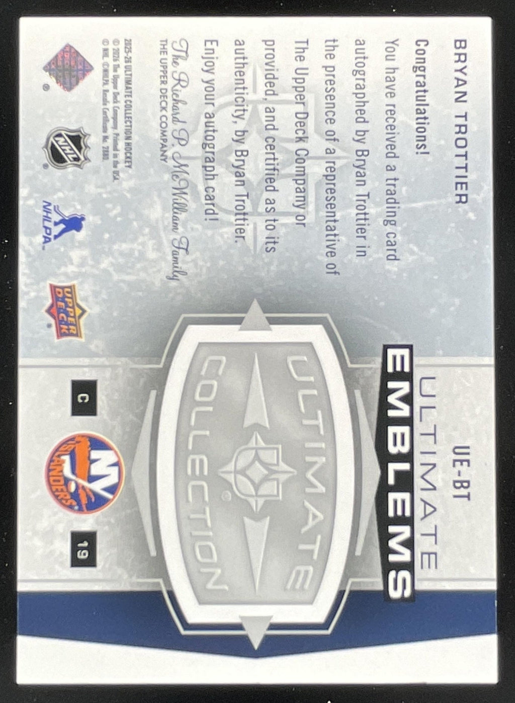 2025 UD Ultimate Collection Ultimate Emblems Gold #UE-BT Bryan Trottier Auto /25 product image 2, provided for visual