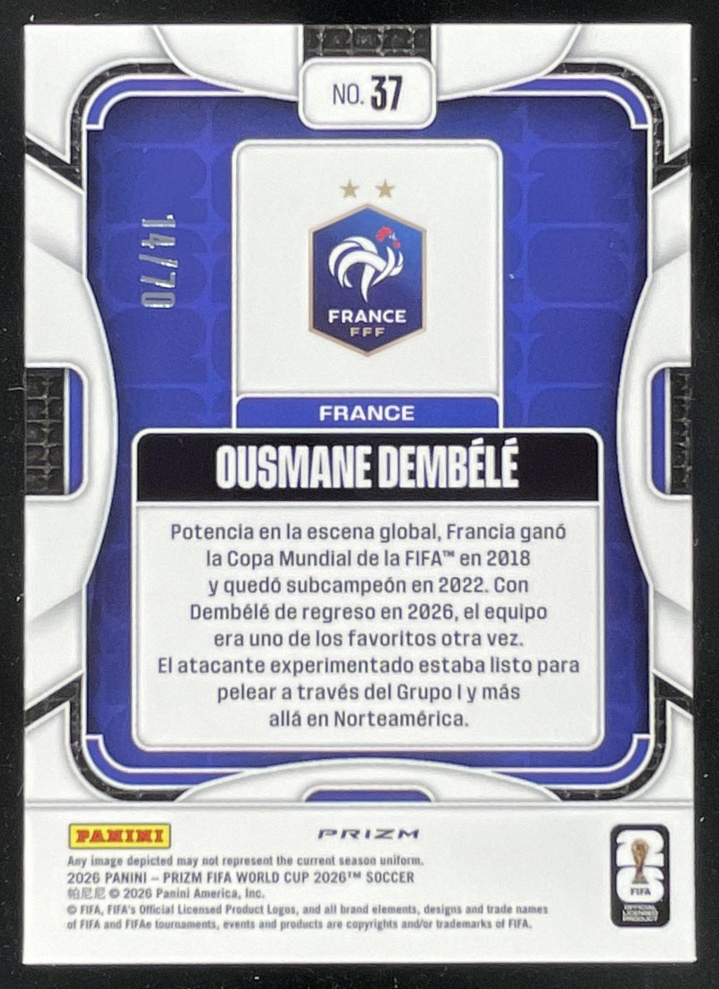 2026 Panini Prizm World Cup Aguila Prizm #37 Ousmane Dembele /70 product image 2, provided for visual reference and product