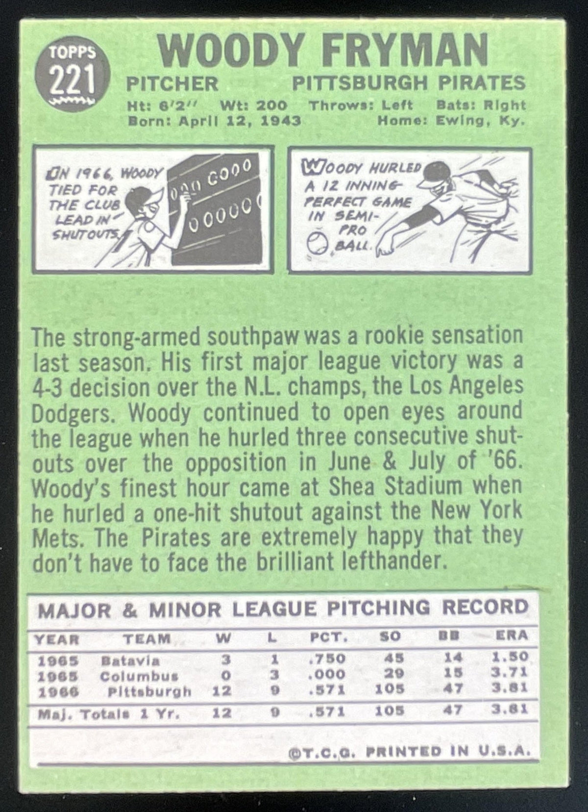 1967 Topps #221 Woody Fryman product image 2, provided for visual reference and product detail review
