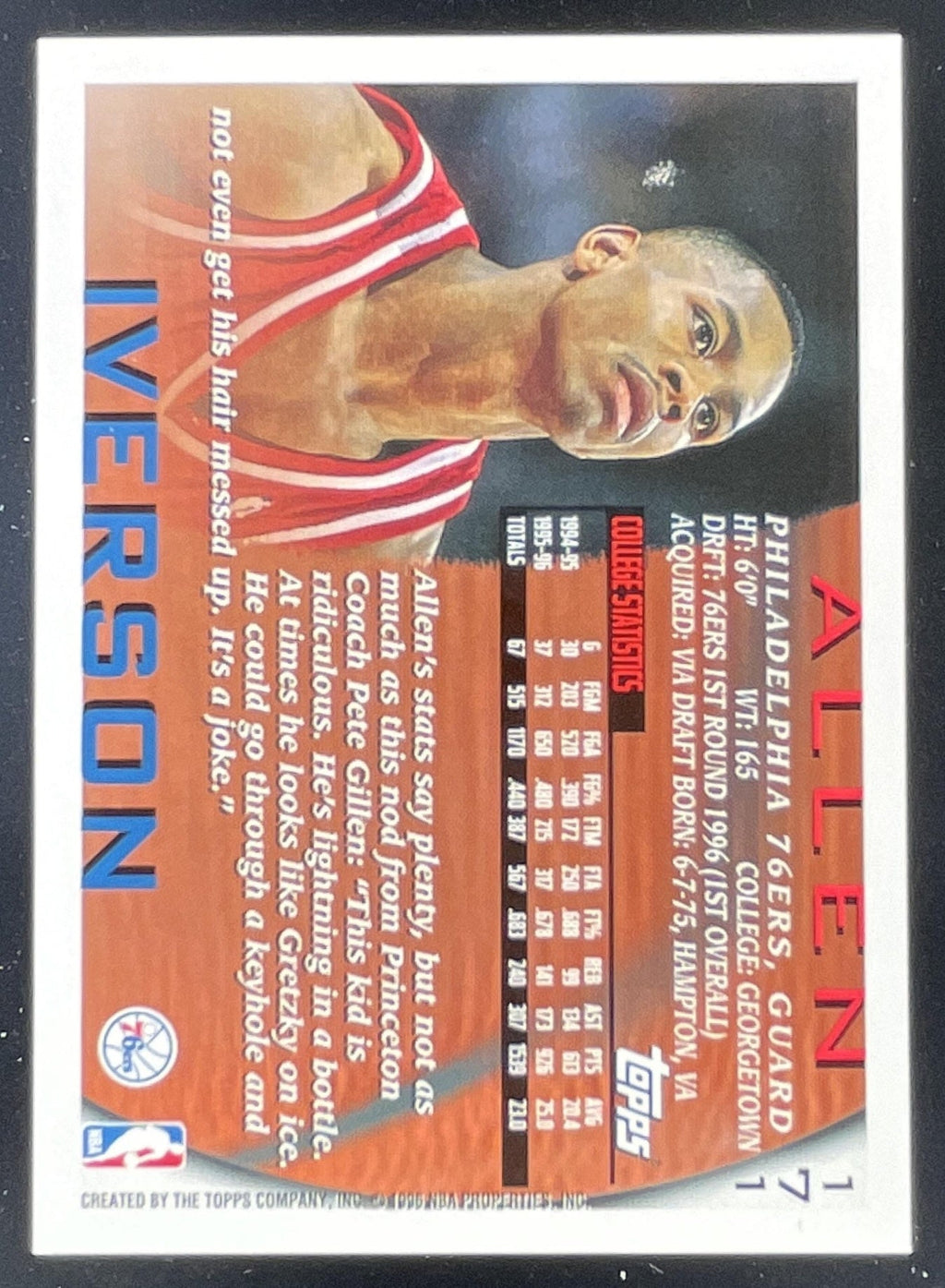 1996-97 Topps #171 Allen Iverson RC product image 2, provided for visual reference and product detail review