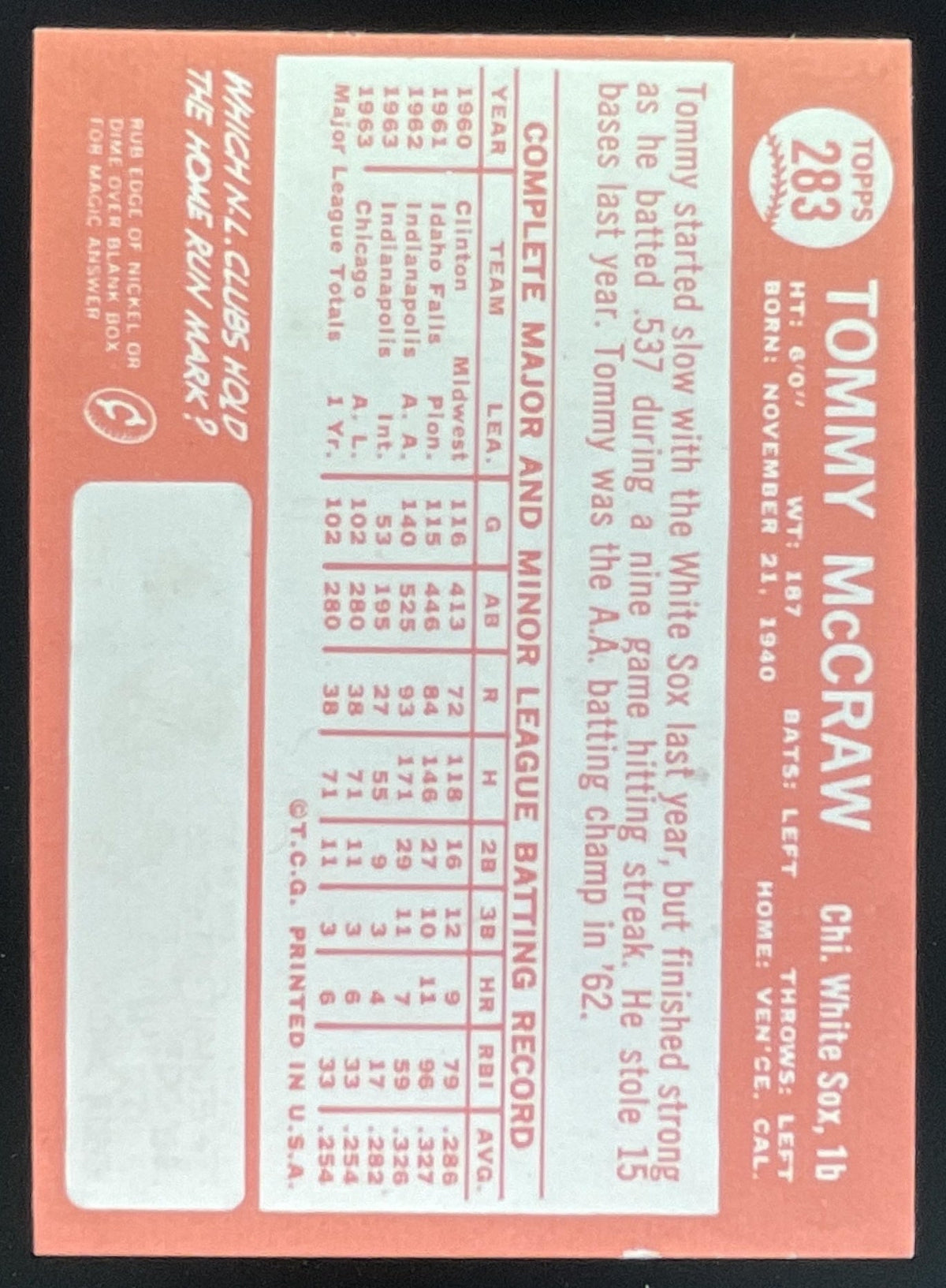 1964 Topps #283 Tommy McCraw RC product image 2, provided for visual reference and product detail review