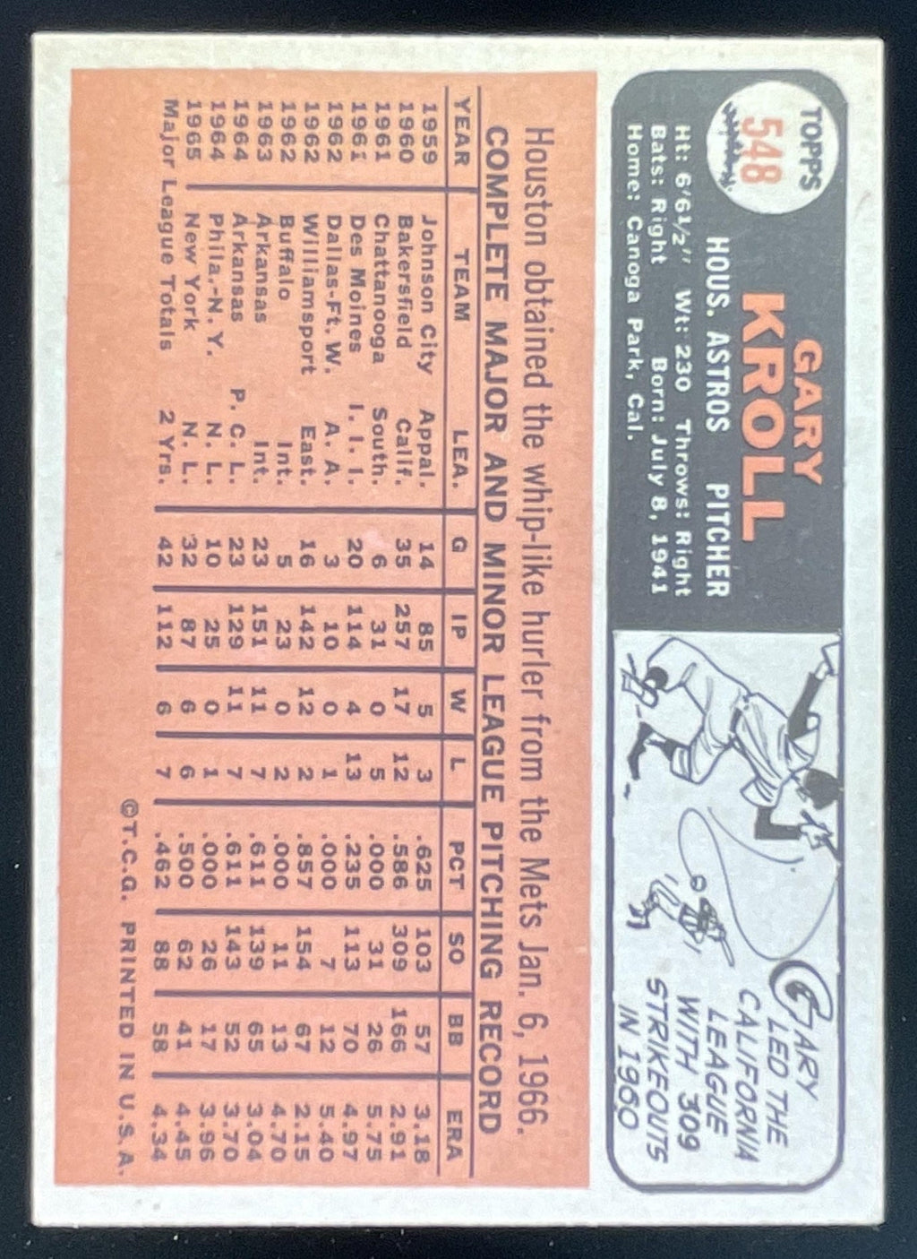 1966 Topps #548 Gary Kroll SP product image 2, provided for visual reference and product detail review
