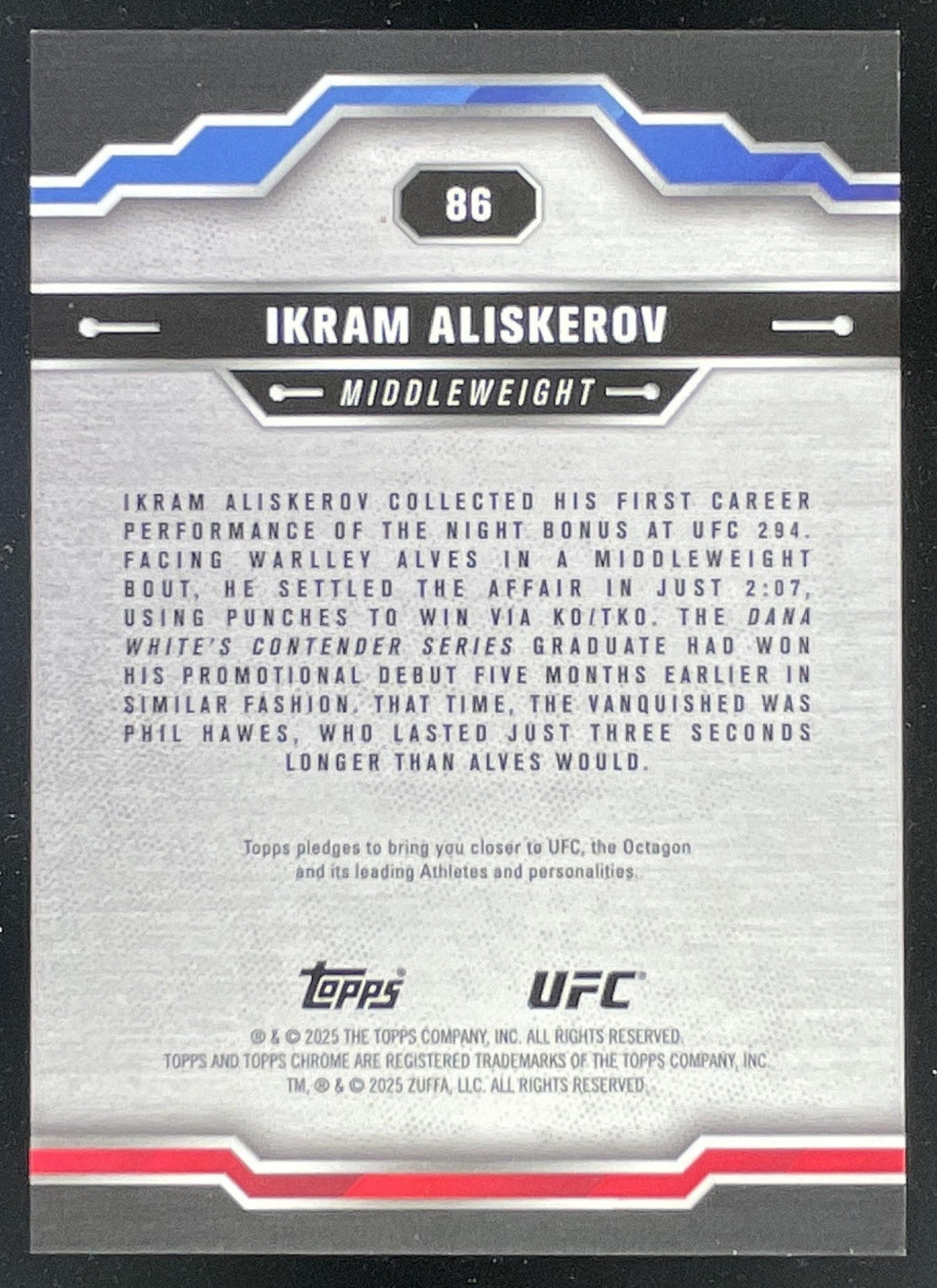 2025 Topps UFC Chrome Sapphire Orange Refractor #86 Ikram Aliskerov /25 product image 2, provided for visual reference and