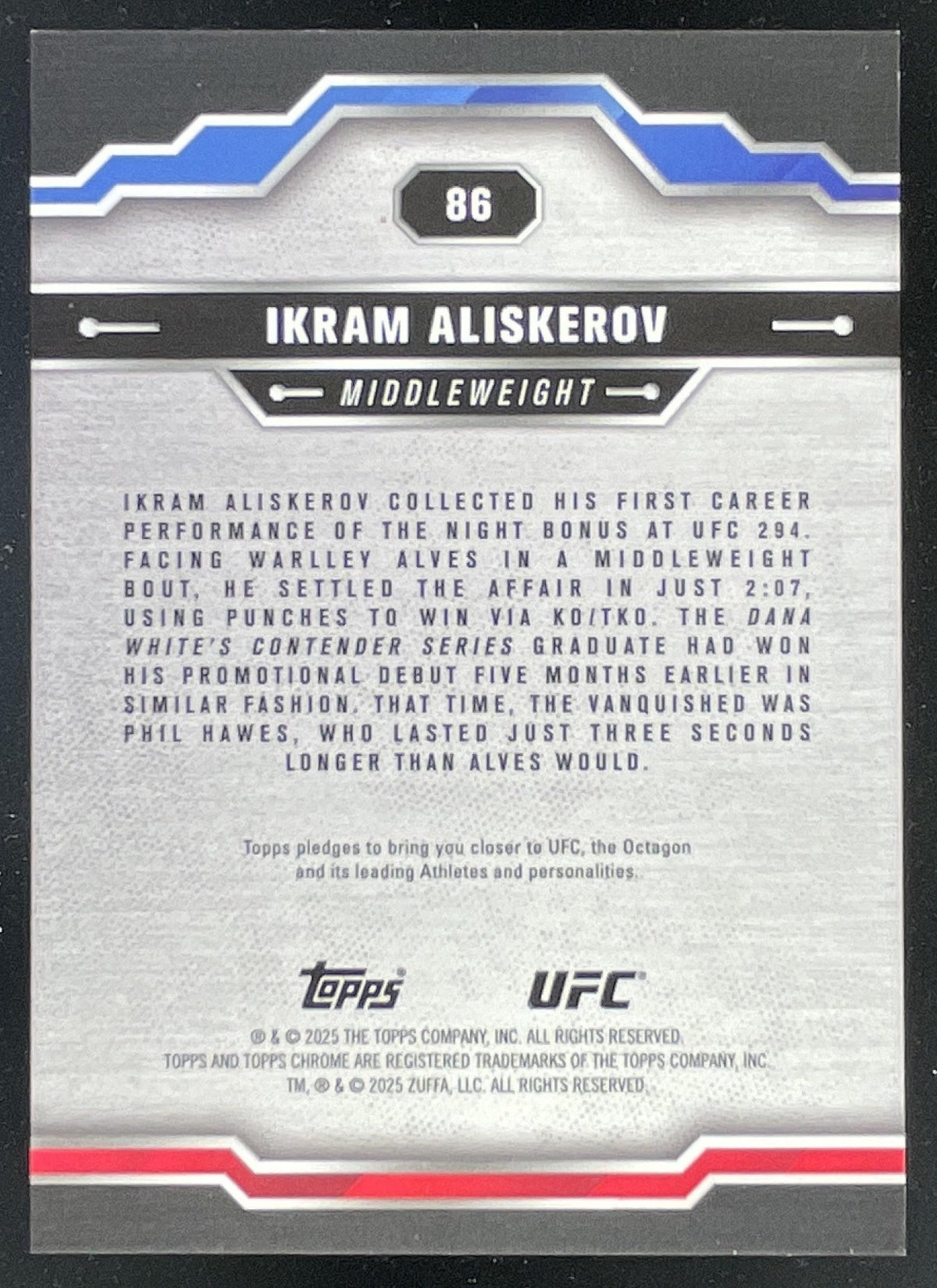 2025 Topps UFC Chrome Sapphire Orange Refractor #86 Ikram Aliskerov /25 product image 2, provided for visual reference and