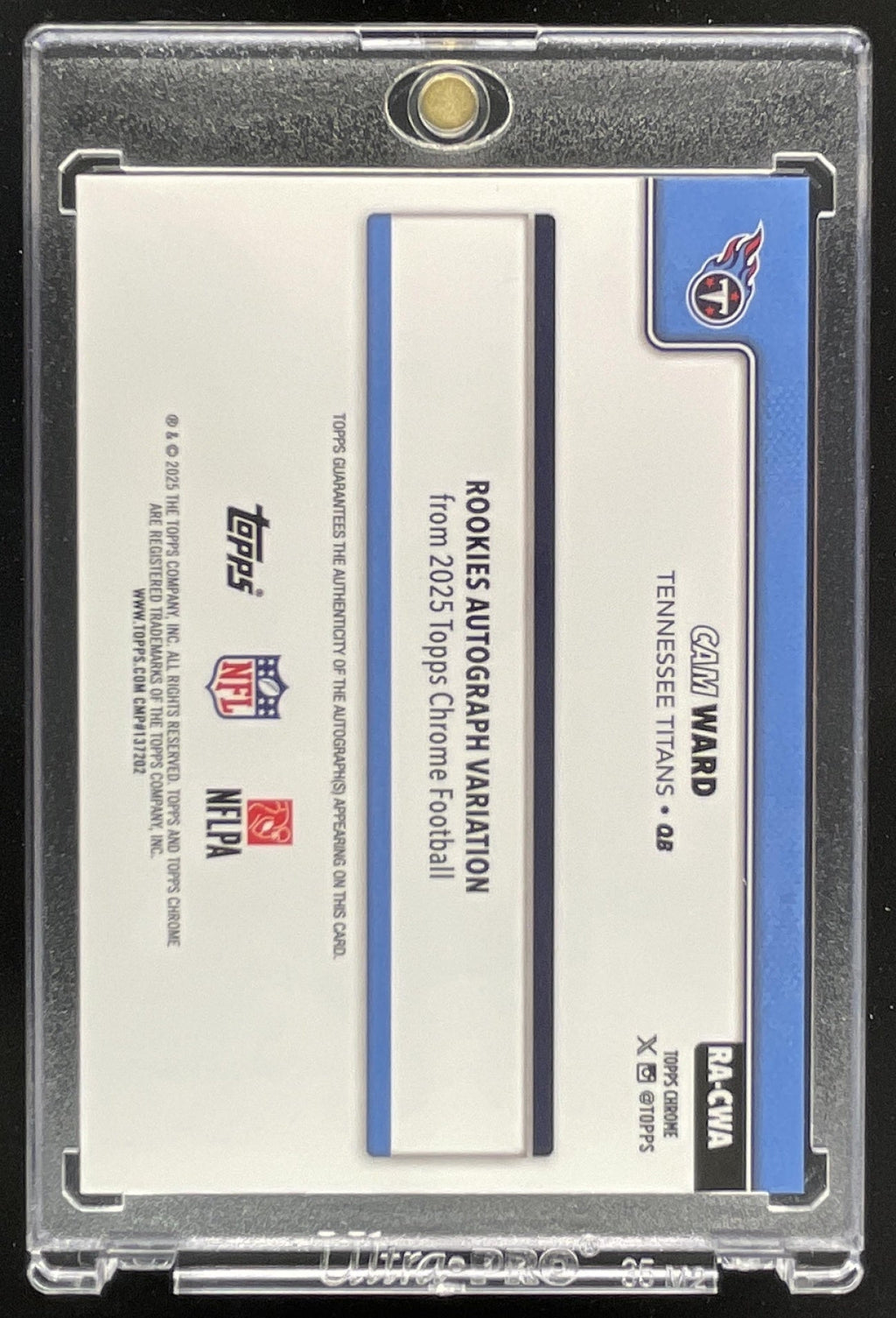 2025 Topps Chrome Rookie Autograph White Refractor #RA-CWA Cam Ward RC Auto /30 product image 2, provided for visual