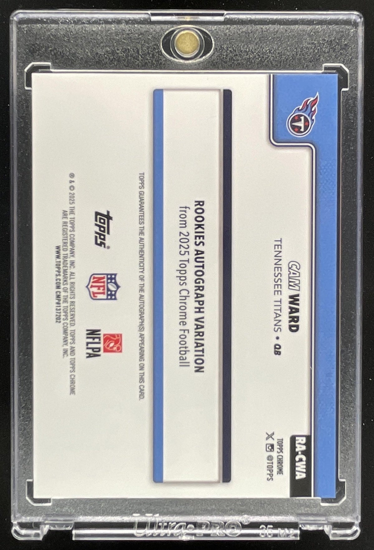 2025 Topps Chrome Rookie Autograph White Refractor #RA-CWA Cam Ward RC Auto /30 product image 2, provided for visual